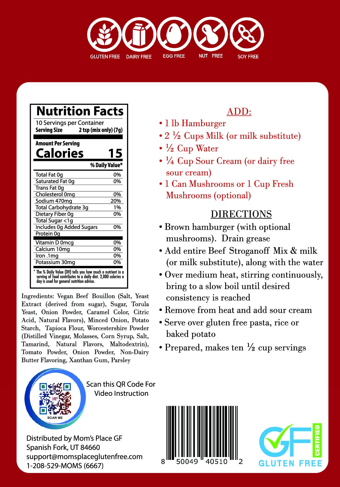 Moms Place Gluten-Free & Dairy Free Beef Stroganoff Mix, Vegan, Nut Free, & Soy Free, 2.6 Oz.