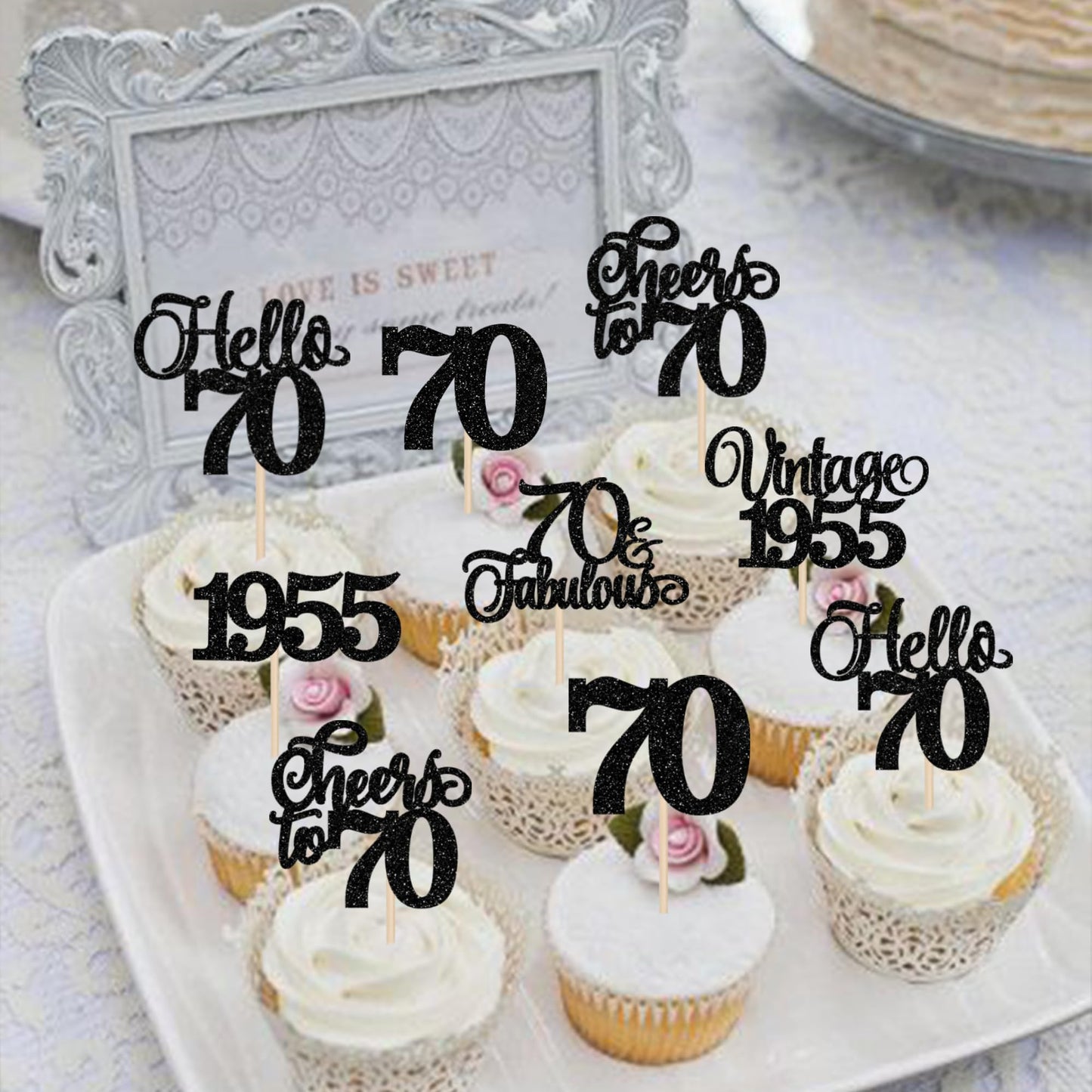 Rssta i 24 Pack Cupcake Toppers Glitter Seventy for 70th Birthday Party, Black Paper Decorations