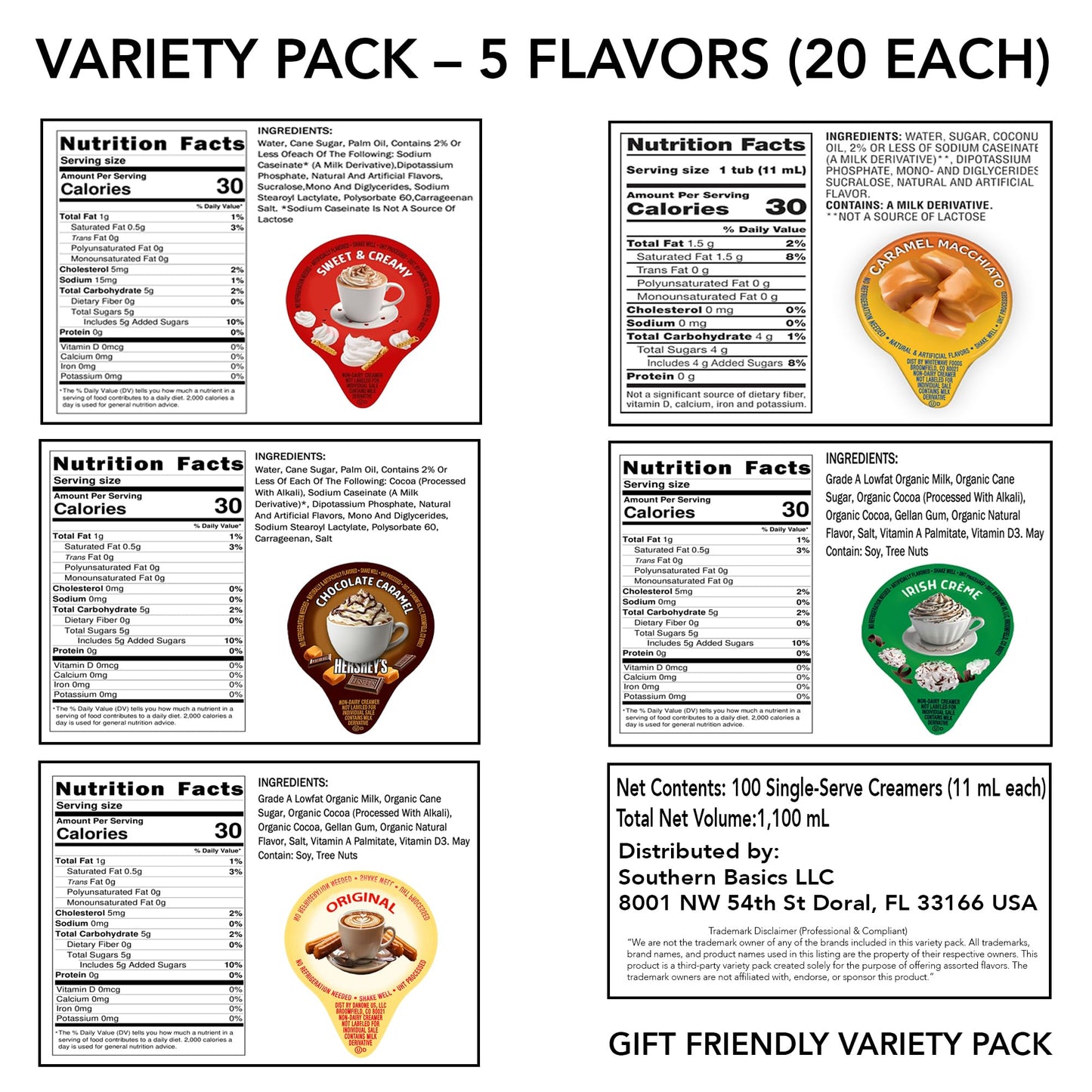 Variety Pack Creamers Liquid Creamer Singles | Gift Assortment Box | Coffee Cream | Sweet and Creamy  Chocolate Caramel  Caramel Macchiato  Original & Irish Cream - No Refrigeration - Box Of 100