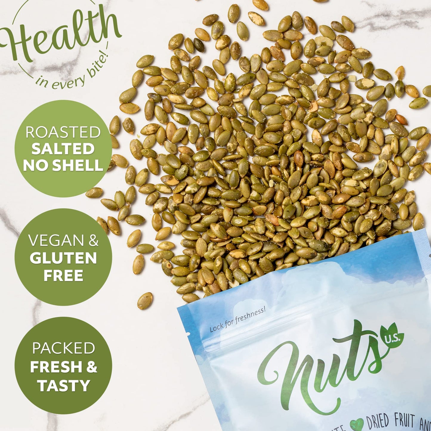 NUTS U.S. - Pumpkin Seeds (Pepitas) | Roasted and Salted | No Shell | Vegan and Gluten Free | Packed in a Resealable Bag!!! (2 L