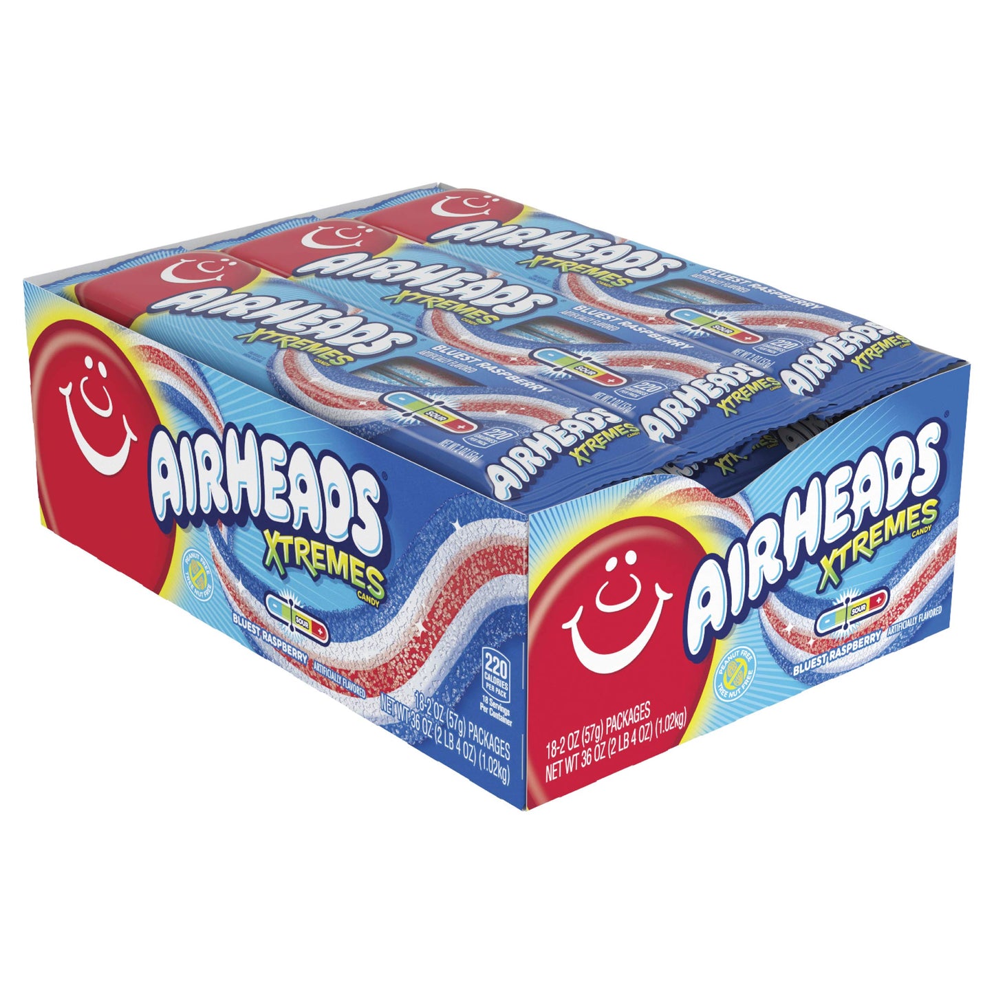 Airheads Candy Xtremes Sweetly Sour Belts, Bluest Raspberry, 2 Ounce (Pack of 18), Pink, Model 73390008277