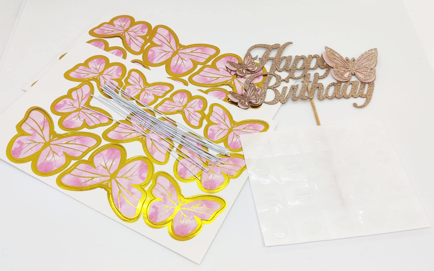 HaakLux Rose Gold Butterfly Cake Topper Set, Paper, Includes 20 Pink Cupcake Toppers, Happy Birthday Party Decor