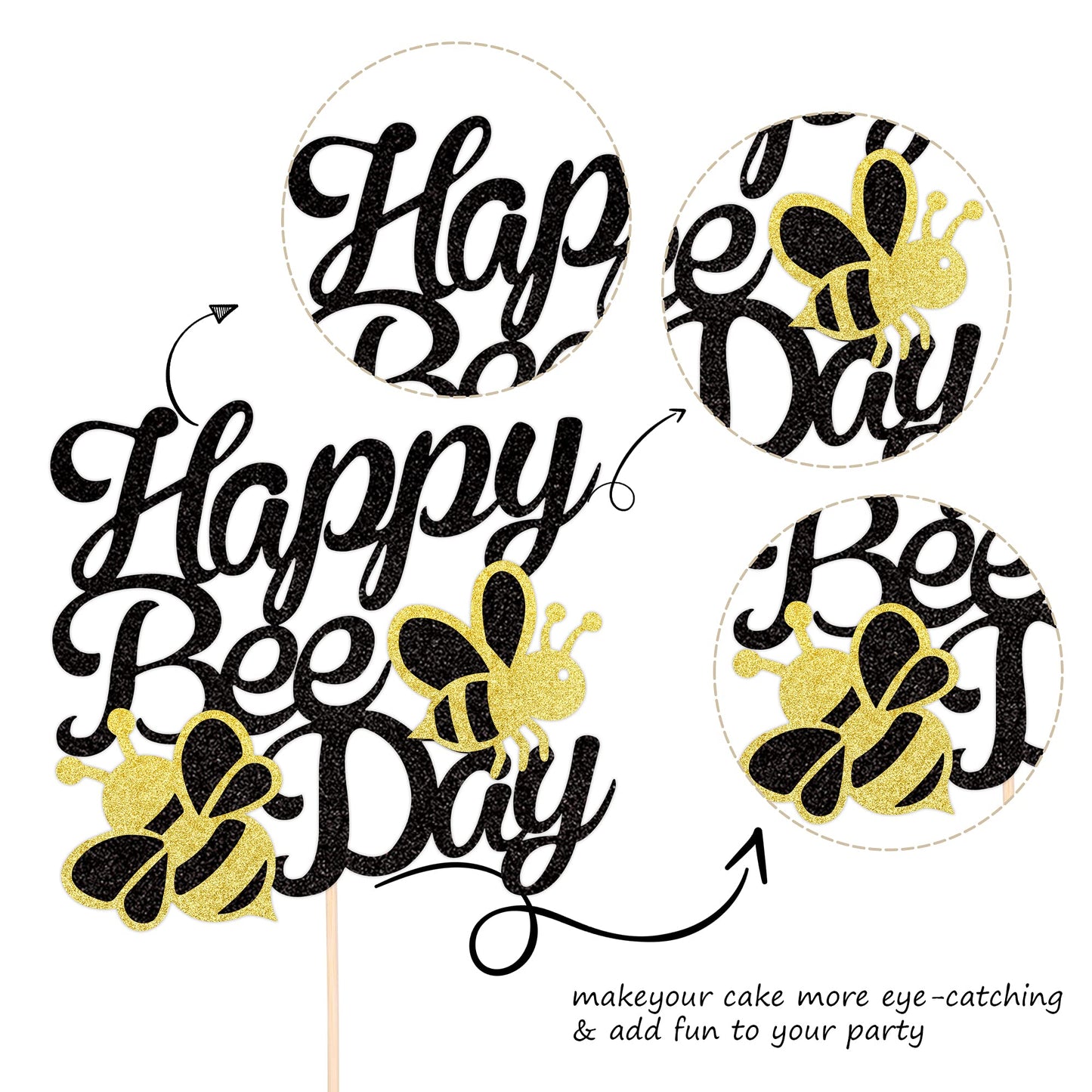 ZHUOWEISM Happy Bee Day Cake Topper - Black Glitter Bumble Bee Theme - Small Size - Card Stock and Bamboo