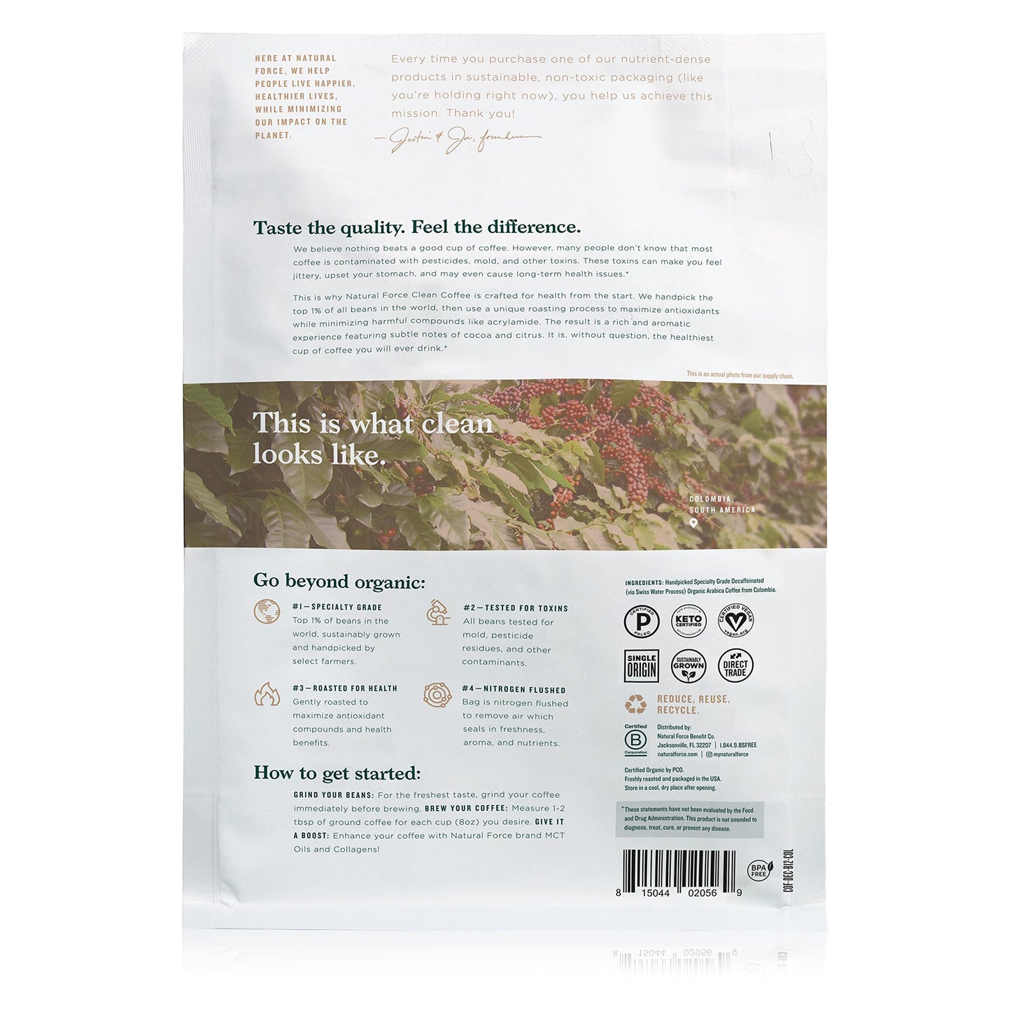 Natural Force - Organic Clean Decaf Coffee  Mold & Mycotoxin Free  Lab Tested for Toxins & Purity  Low Acidity  Whole Bean Swiss Water Decaf Medium Roast  12 oz
