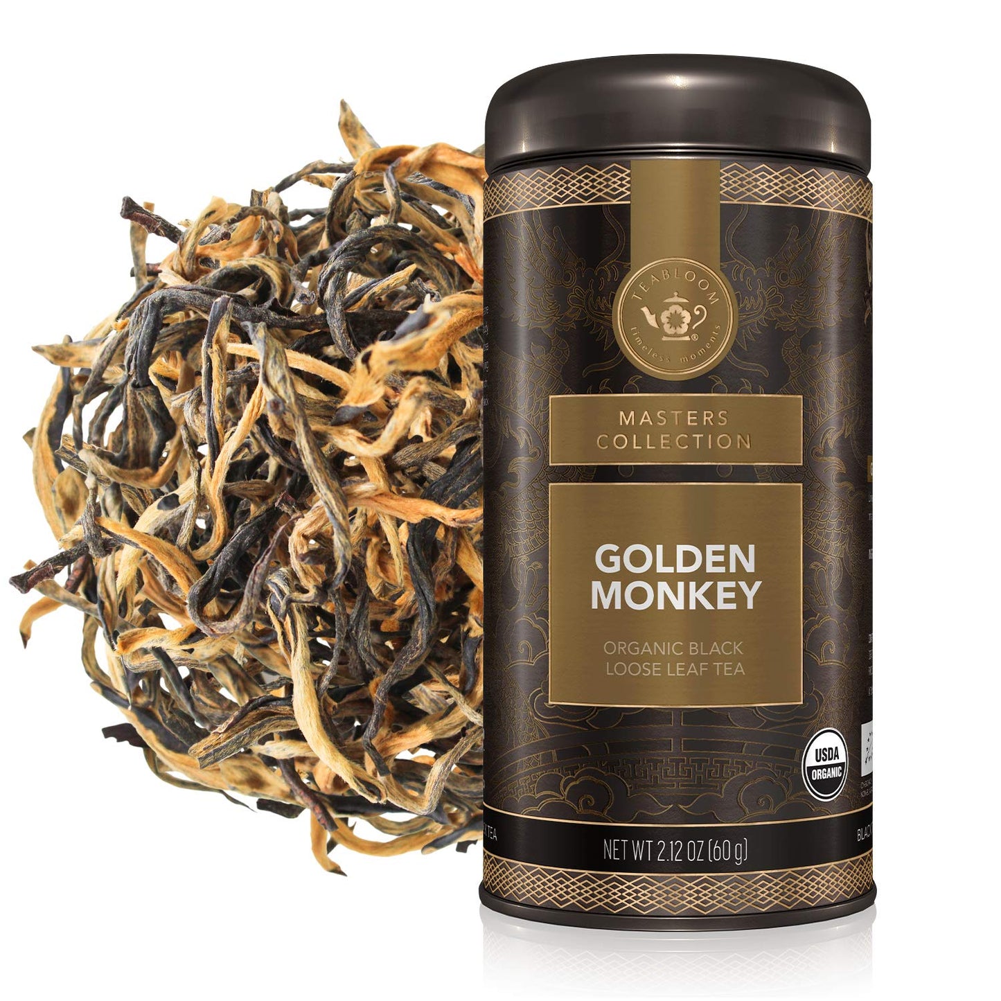 Teabloom Organic Golden Monkey Loose Leaf Tea, USDA Certified, Smooth Malty Flavor, 2.12 Ounce Canister, Makes 35-50 Cups