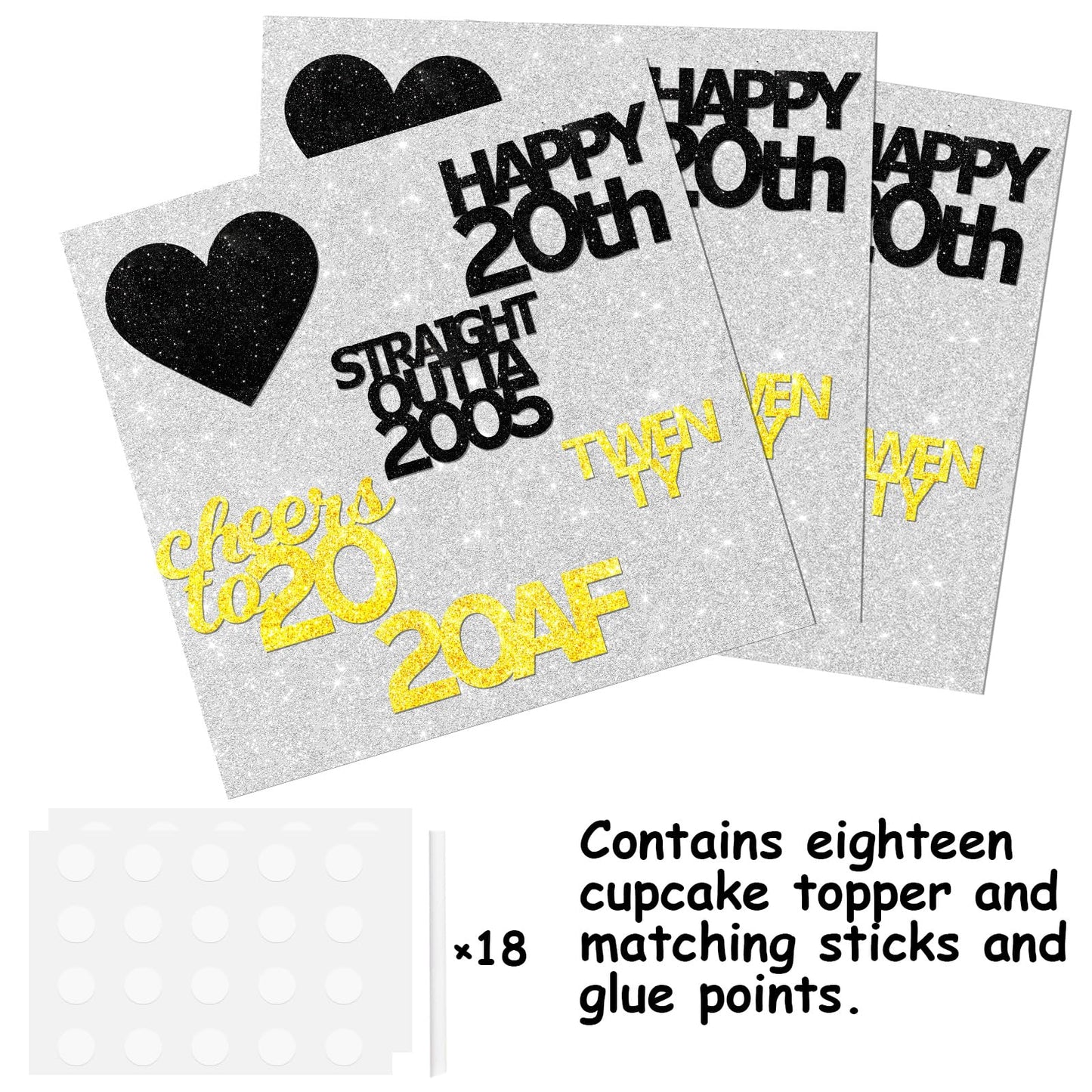 18Pcs Black Gold Glitter Dessert Cupcake Pick For Straight Outta 2005 Cheer To 20 Years Old Theme Decor Supplies Happy 20Th Birt