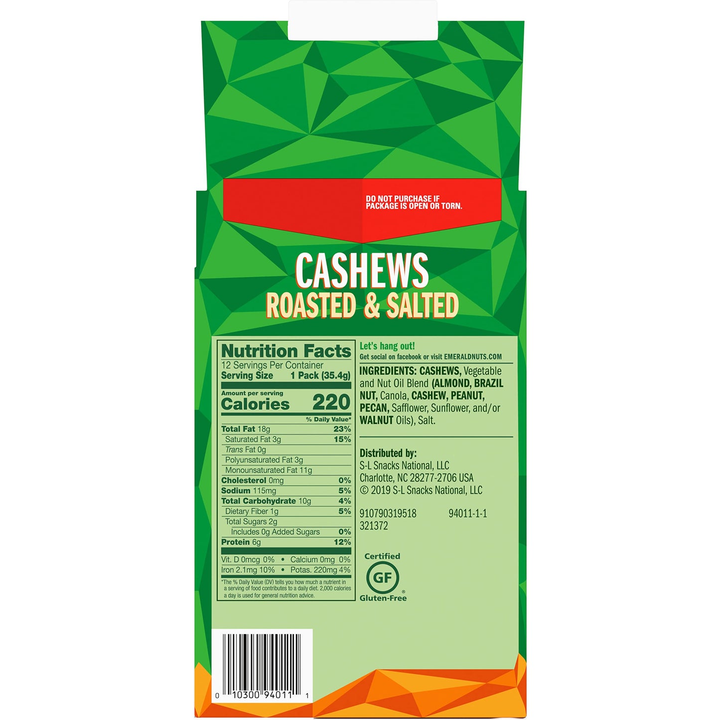 Emerald Roasted & Salted Cashews, Plant-Based Protein, 1.25 Oz Tubes, Pack of 12, Kosher, Non-GMO