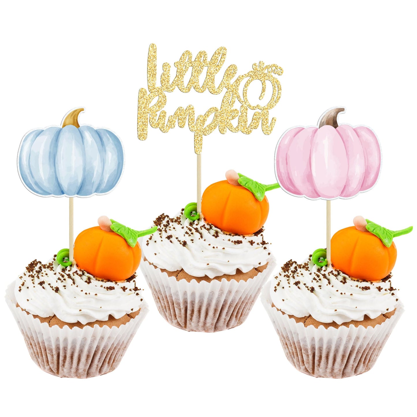 Gyufise 24Pcs Little Pumpkin Cupcake Toppers Blue Pink Pumpkin Cake Toppers Gender Reveal Cake Decorations For Thanksgiving Birt