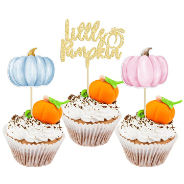 Gyufise 24Pcs Little Pumpkin Cupcake Toppers Blue Pink Pumpkin Cake Toppers Gender Reveal Cake Decorations For Thanksgiving Birt