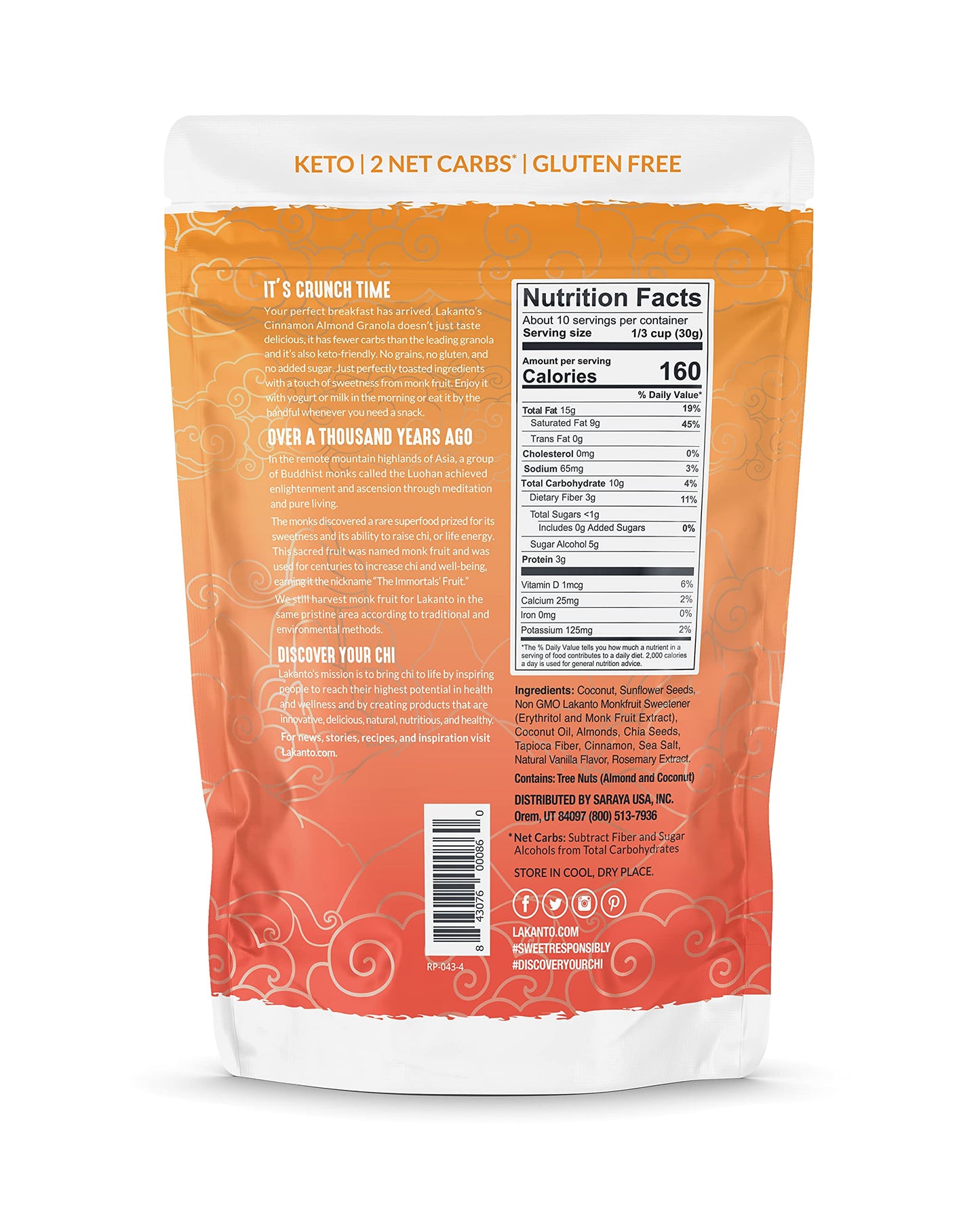 Lakanto Cinnamon Almond Crunch Granola - Monk Fruit Sweetener, Delicious Snack, Quick Breakfast Cereal, Keto Friendly, No Sugar