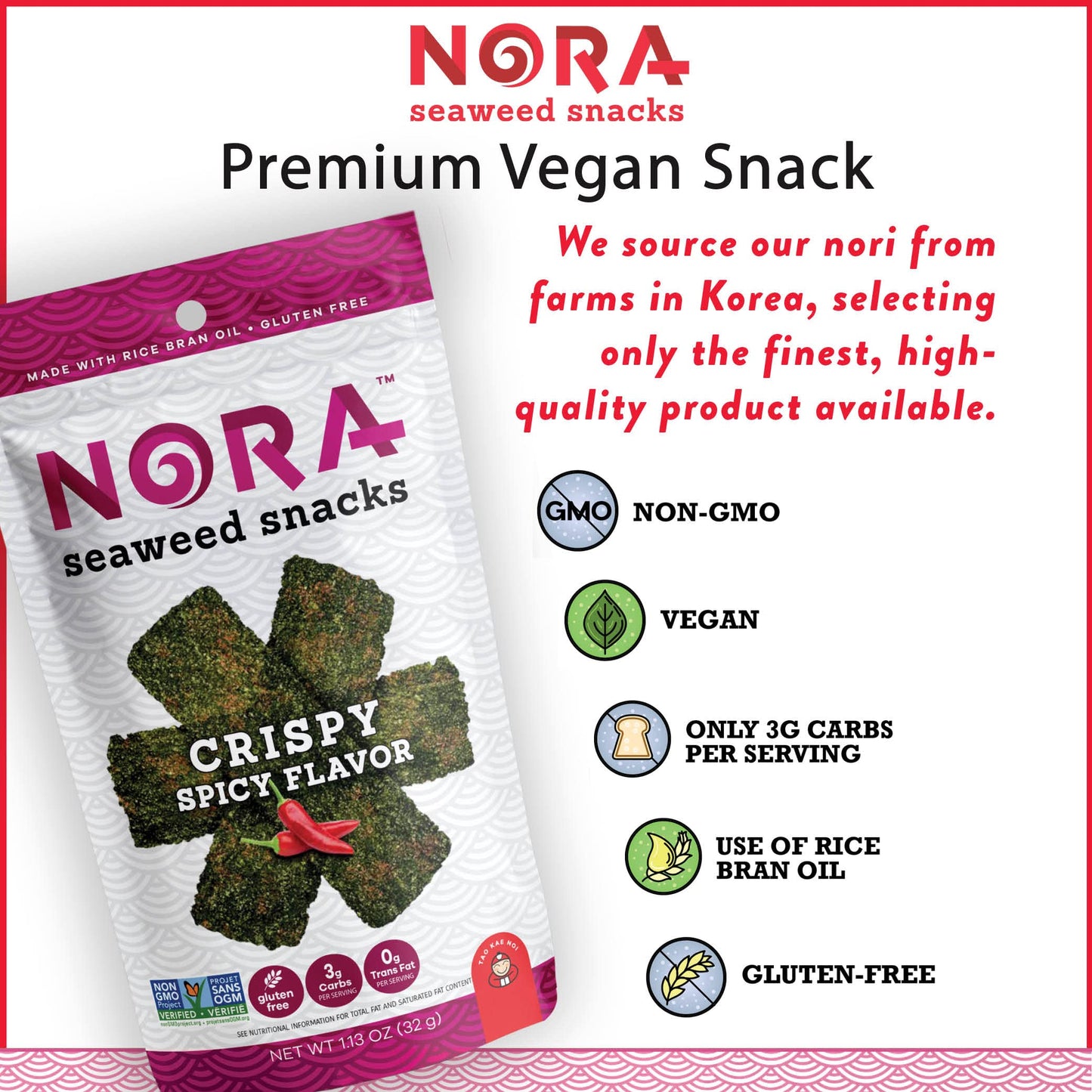 Crispy Spicy Seaweed Snacks By Nora | Low-Carb Asian Snack | Vegan, Gluten Free, Non Gmo Verified | 6-Pack