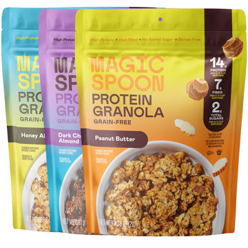 Magic Spoon Protein Granola - High Protein Granola  Keto Friendly  Low Sugar  Grain Free  Healthy Breakfast or Quick Snack (1 bag of each: Honey Almond  Dark Chocolate Almond  Peanut Butter)