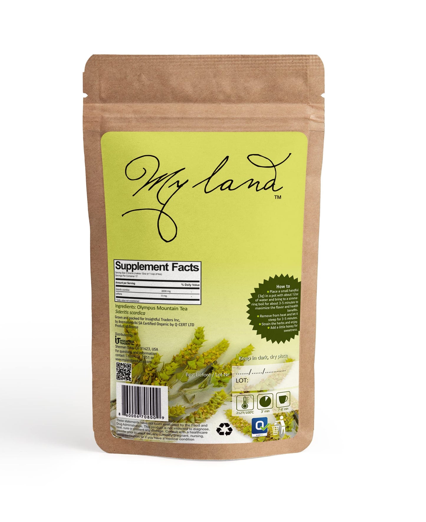 MY LAND Organic Greek Mountain Tea Loose Leaf, Handpicked, Caffeine-Free Herbal, 1.76 oz (50 g)