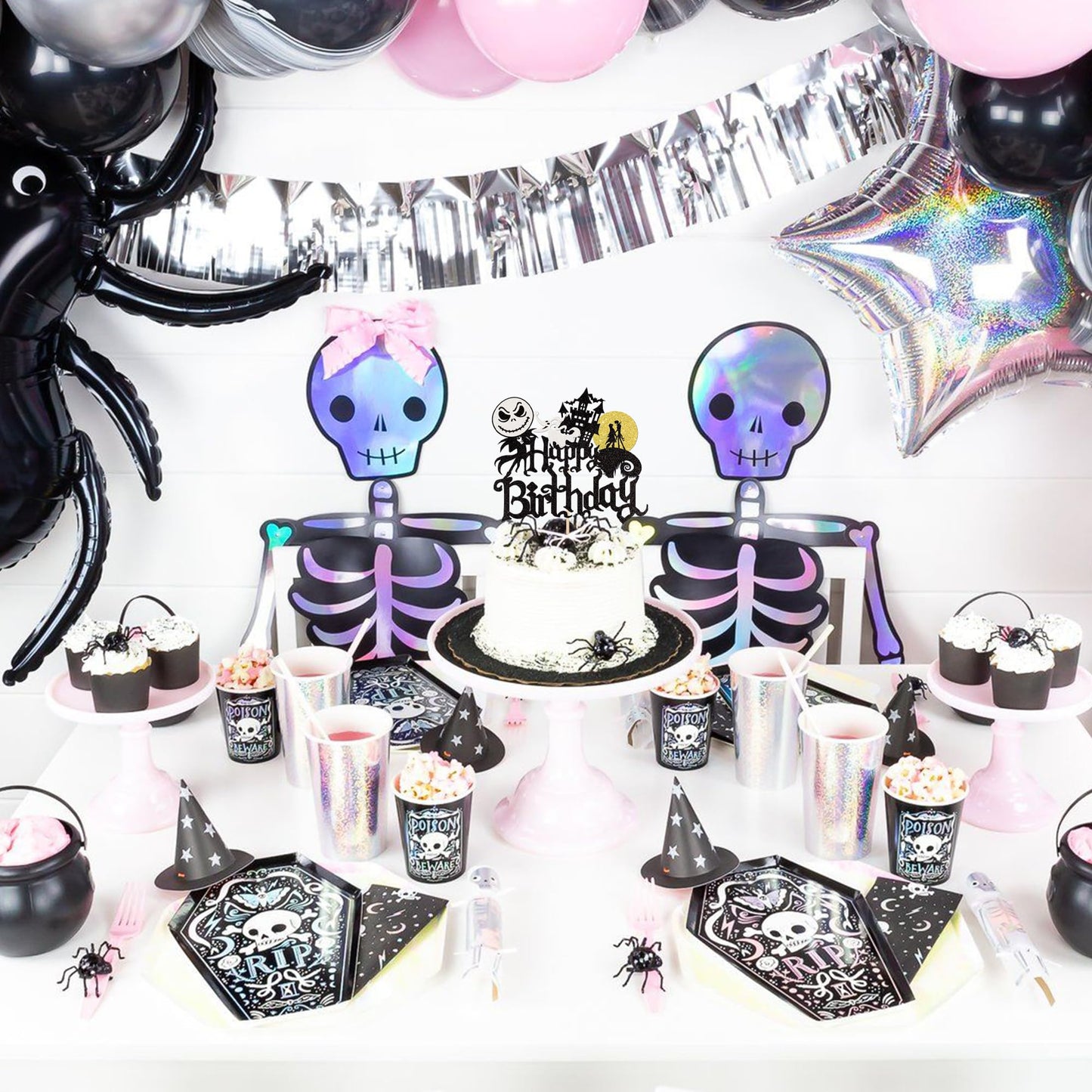1 Pcs Halloween Happy Birthday Cake Topper Glitter Jack And Sally Castle Ghost Halloween Cake Pick For Nightmare Before Christma