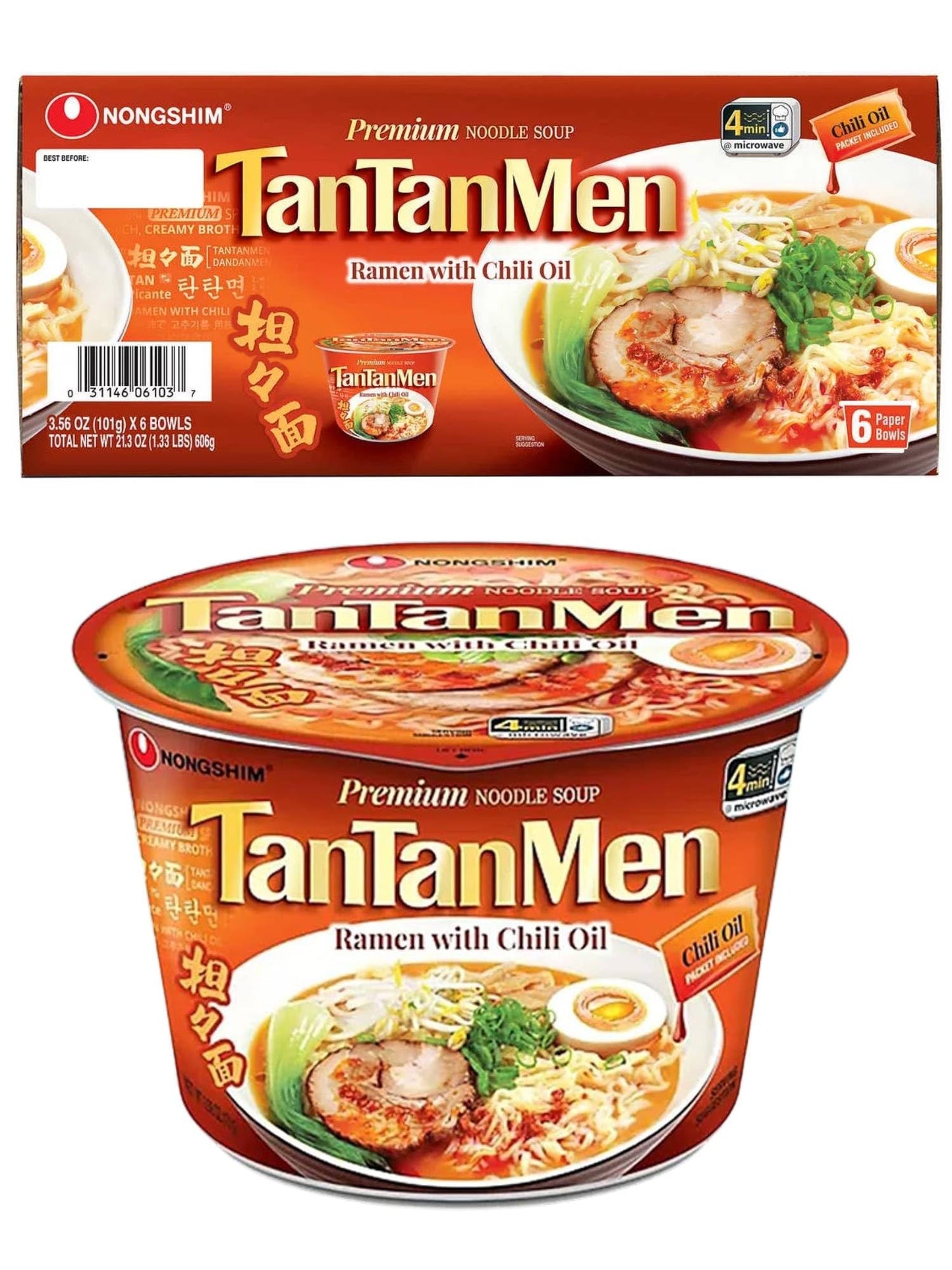 Tonkotsu Tantanmen Ramen With Chili Oil Premium Noodle Soup 3.56 Oz Big Bowl, 6 Counts By Taoindustry