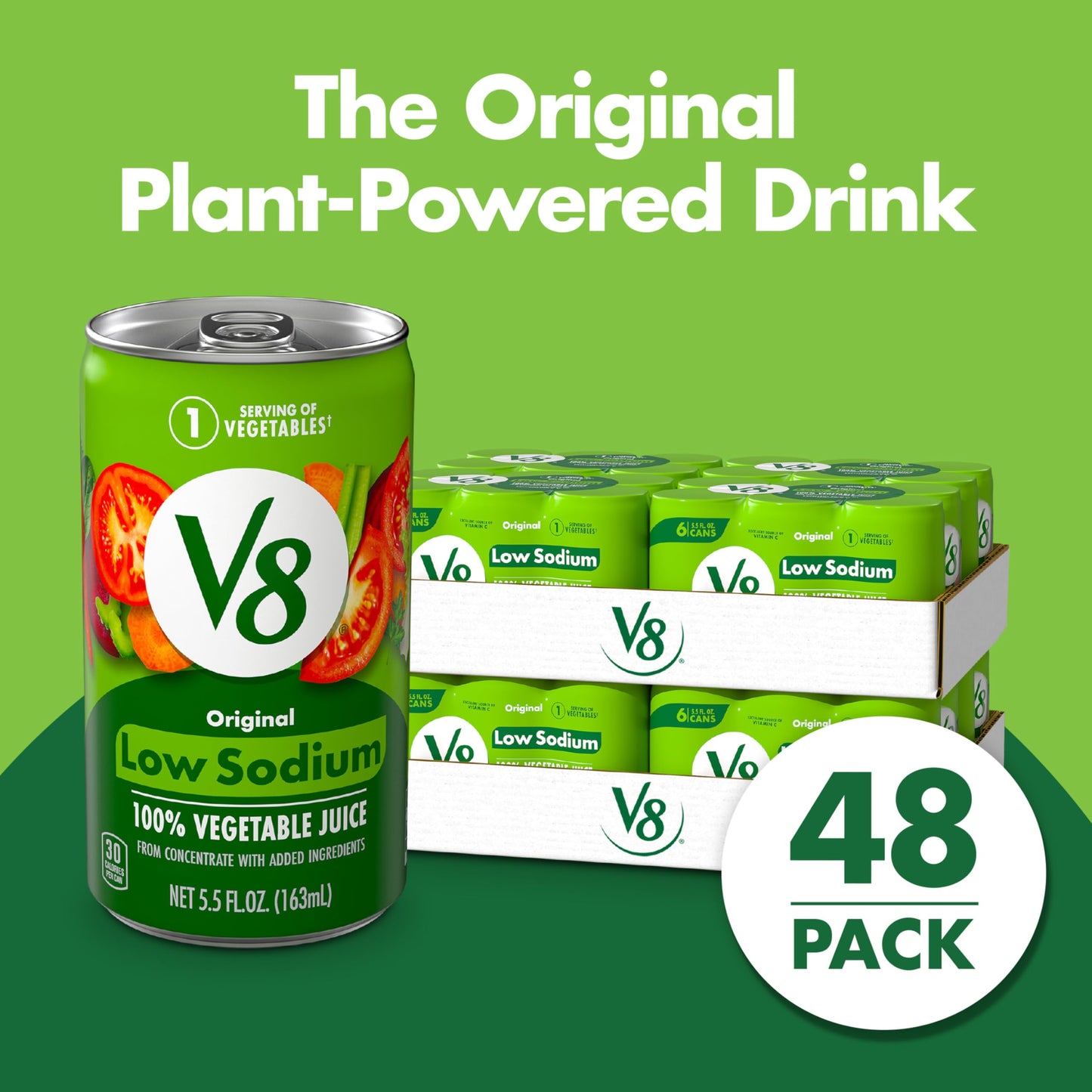 V8 Low Sodium Original Vegetable Juice, Tomato Blend, 5.5 FL OZ Can, Pack of 48