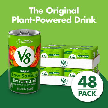 V8 Low Sodium Original Vegetable Juice, Tomato Blend, 5.5 FL OZ Can, Pack of 48