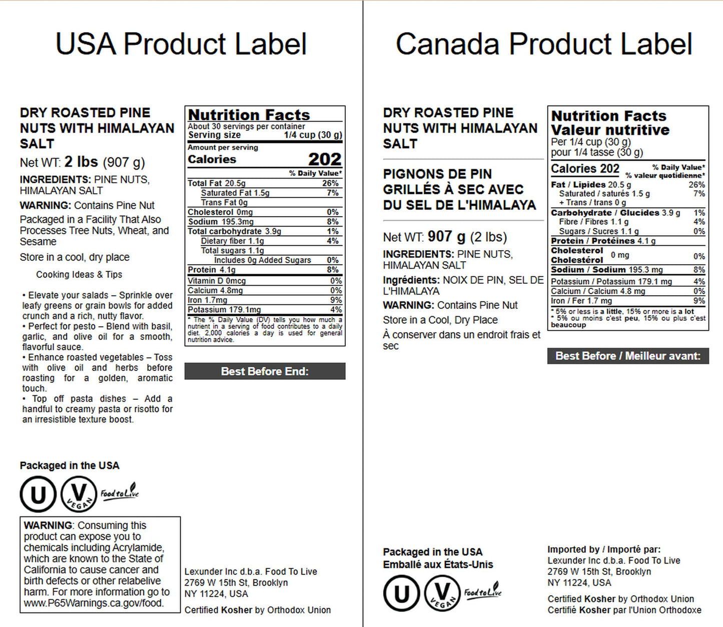 Food to Live Dry Roasted Pine Nuts, Lightly Salted, Vegan, Kosher, 2 Pounds