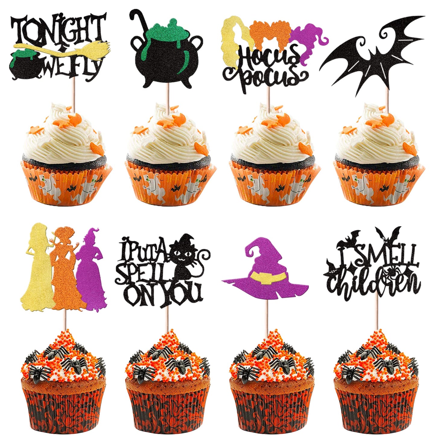 Rsstarxi Cupcake Toppers, Hocus Pocus Theme, Glitter Bat & Witch Hat, Paper, 1.8*4.2 - 2.6*4.2 inches,