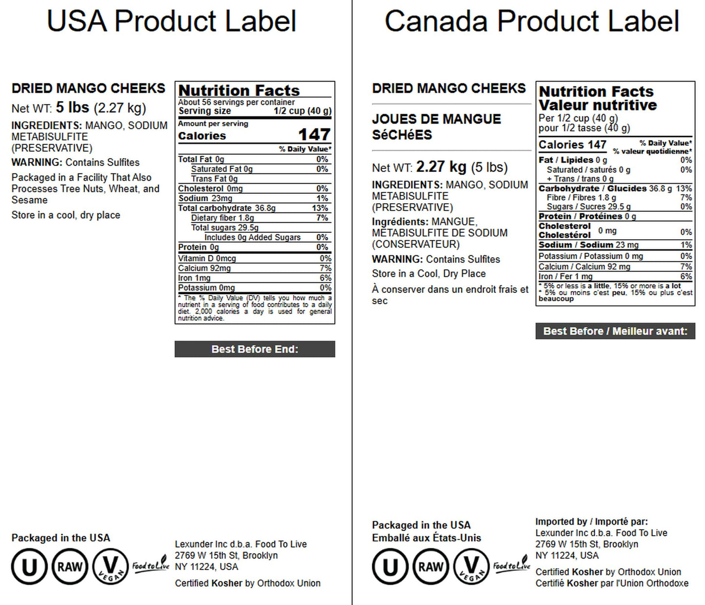 Food to Live Dried Mango Cheeks - Premium Quality, Unsweetened, 5 Pound, Gluten-Free, Raw Vegan Snack