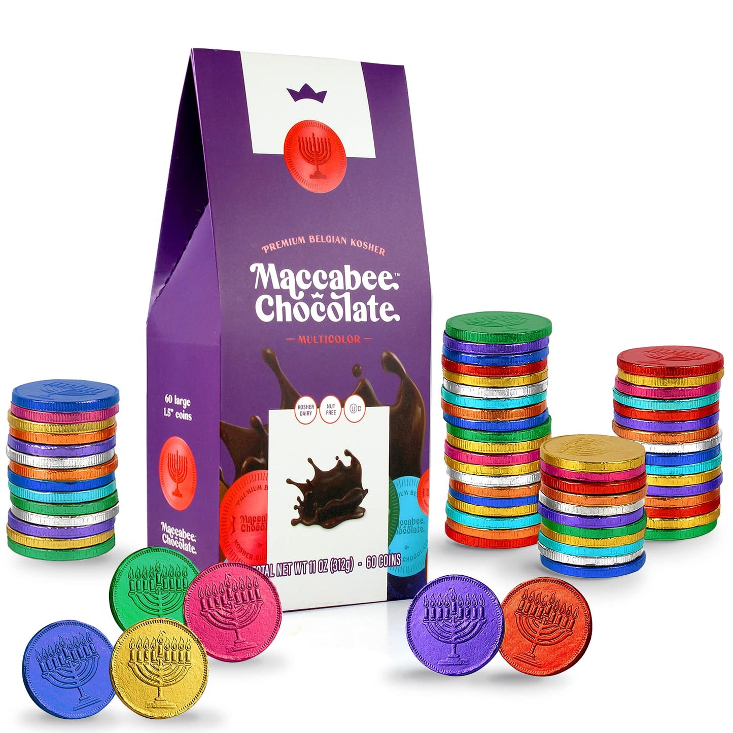 Premium Kosher Belgian Chocolate Coins Nut-Free Hanukkah Gelt Chanukah Candy Chocolates Gift Packed Contains 60 Large Coins Ou-D