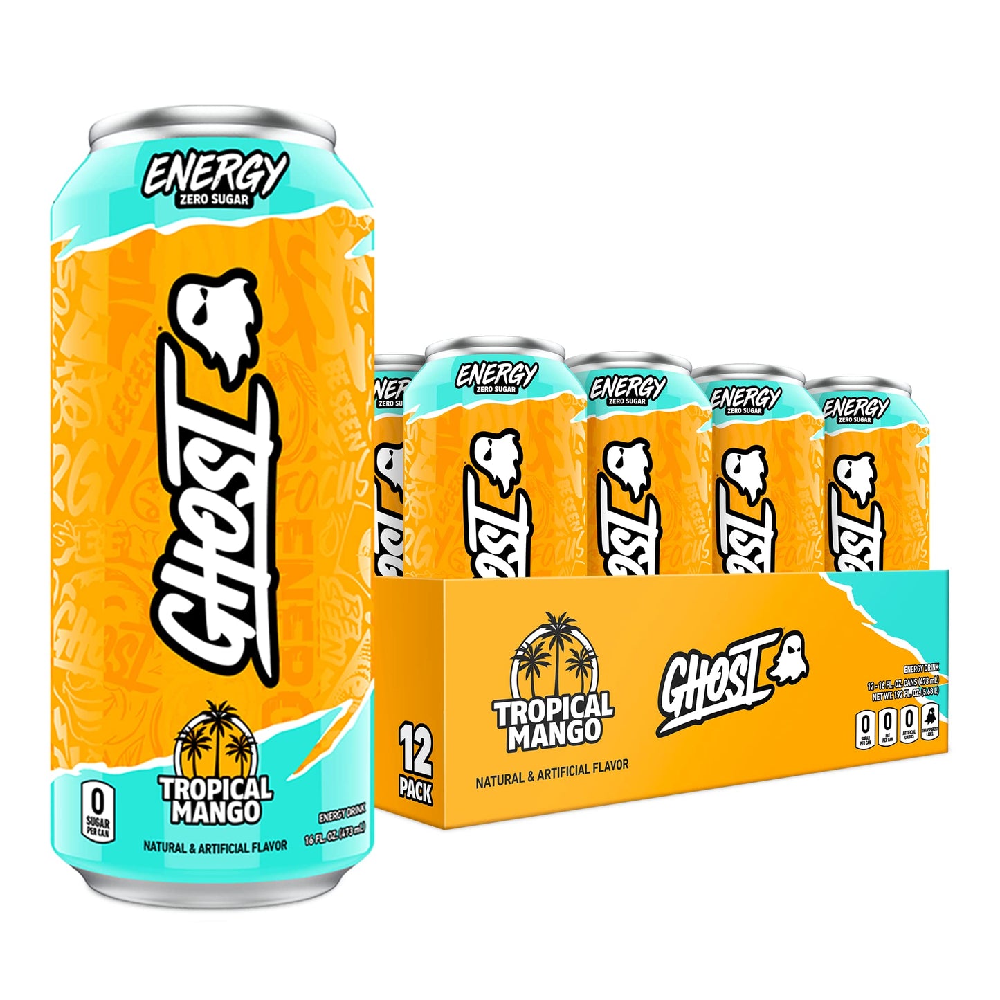GHOST Energy Drink - 12-Pack  Tropical Mango  16oz Cans - Energy & Focus & No Artificial Colors - 200mg of Natural Caffeine  L-Carnitine & Taurine - Gluten-Free & Vegan