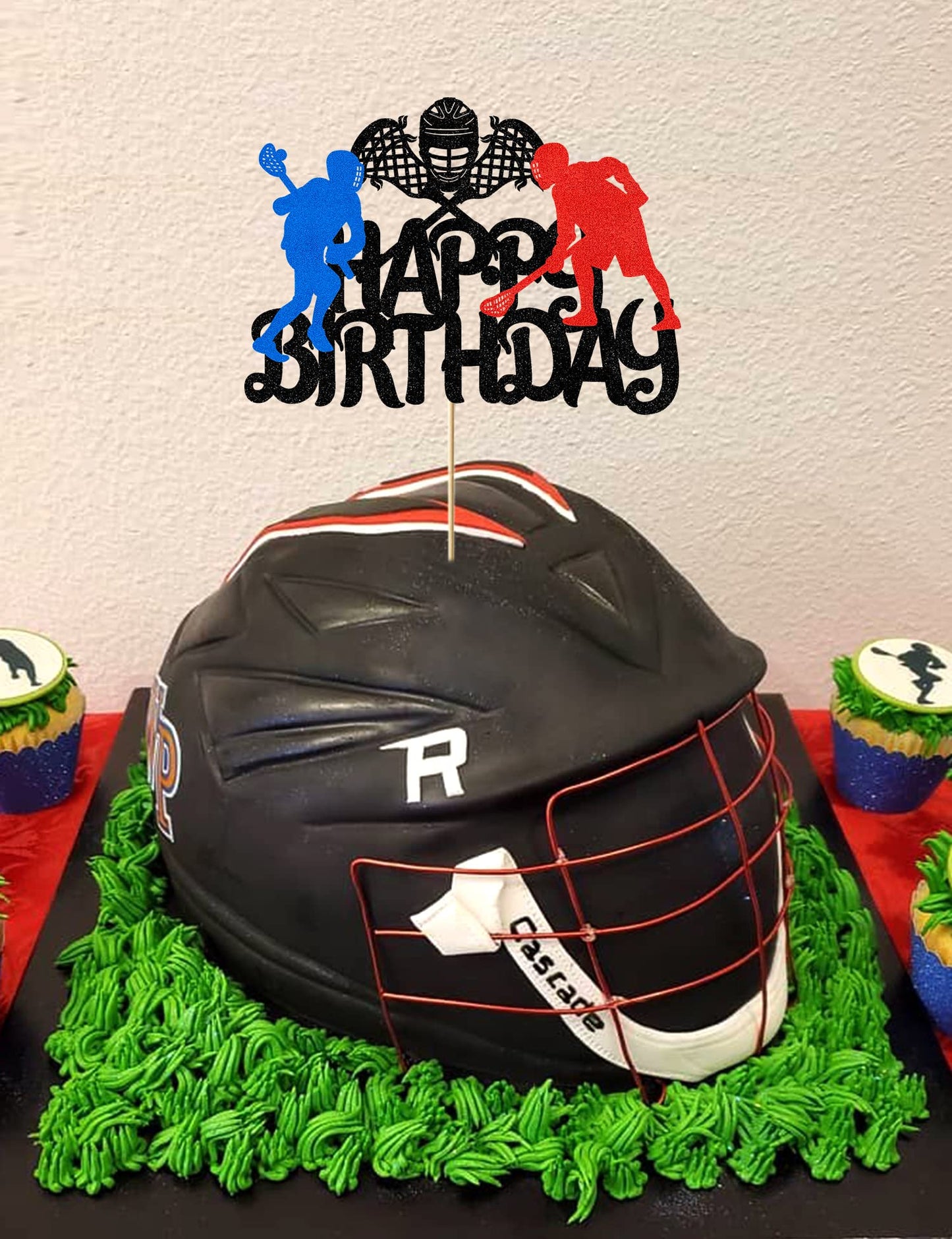 Finestore168 Lacrosse Cake Topper, Plastic, Sport Theme, Birthday Decoration, Red/Blue/Black, Model YX0072