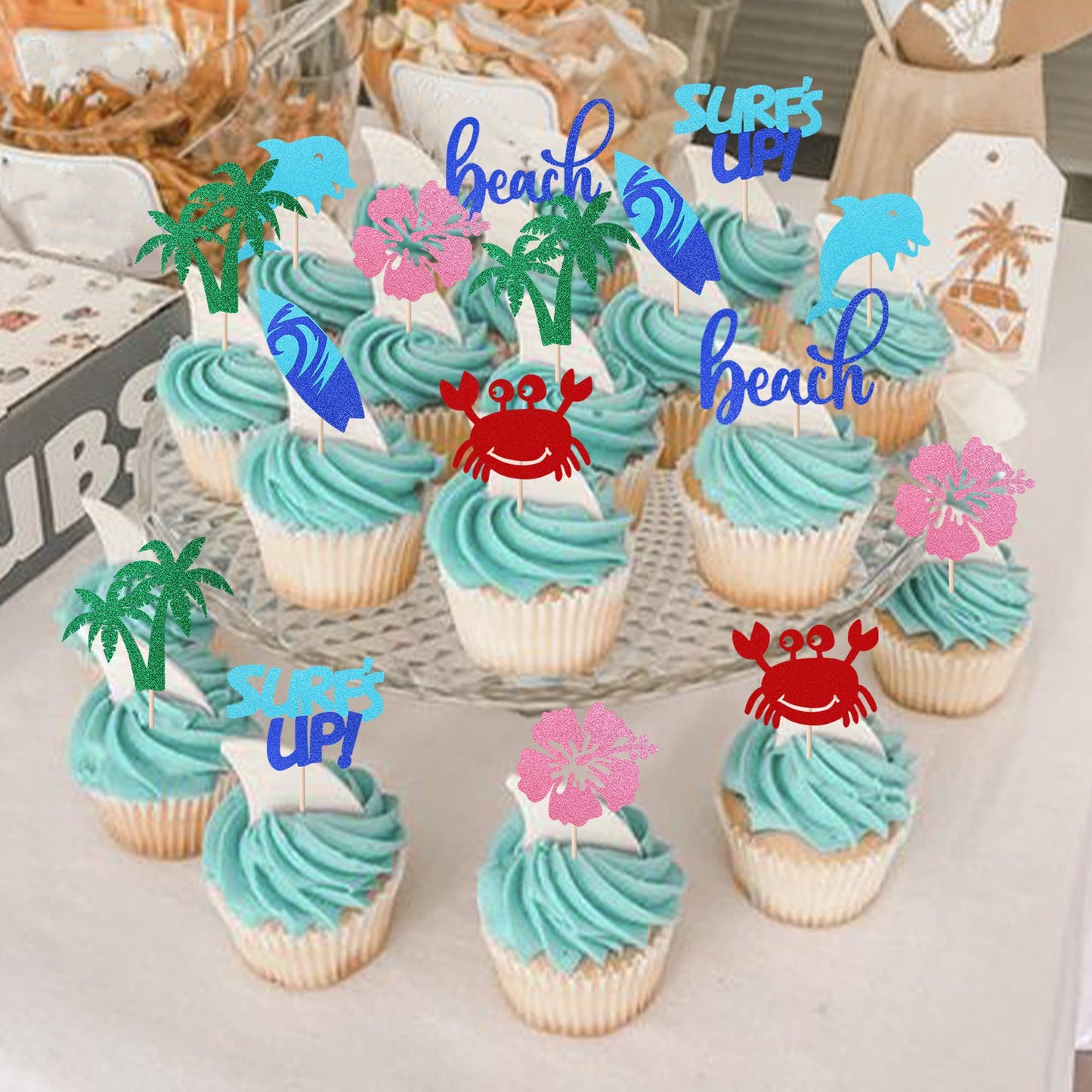 Rssta i Pineapple Cupcake Toppers - Green Glitter Donut Picks - 30 Pack - Summer Luau Decorations - Model XM339-2 - Plastic