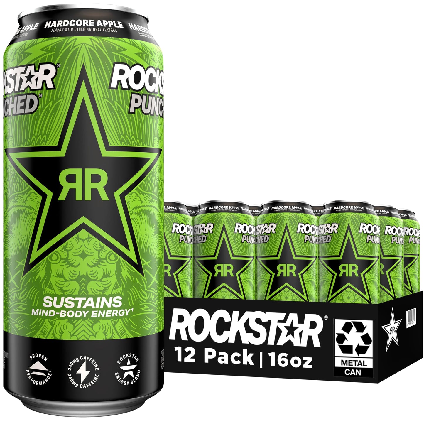 Rockstar Energy Drink Punched Hardcore Apple, 16oz Cans, 12 Pack