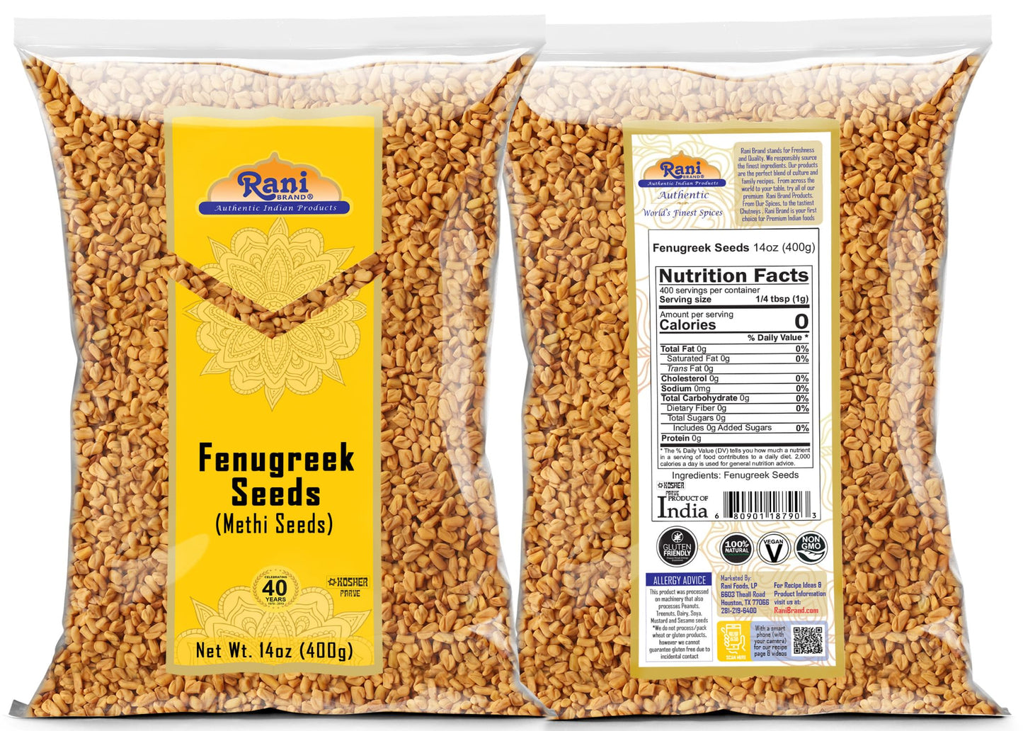 Rani Fenugreek (Methi) Seeds Whole 14oz (400g) Trigonella foenum graecum ~ All Natural | Vegan | Gluten Friendly | Non-GMO | Kos