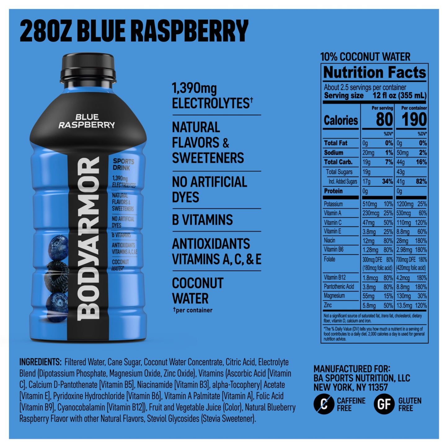 BODYprotective covering Sports Drink  Blue Raspberry  Electrolyte Drink Hydration  28 Fl Oz Bottles (15 Pack)  Flavored Coconut Water with B Vitamins & Antioxidants