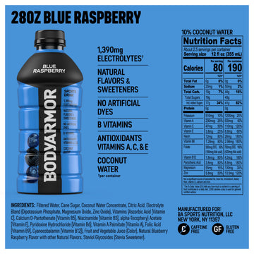 BODYprotective covering Sports Drink  Blue Raspberry  Electrolyte Drink Hydration  28 Fl Oz Bottles (15 Pack)  Flavored Coconut Water with B Vitamins & Antioxidants