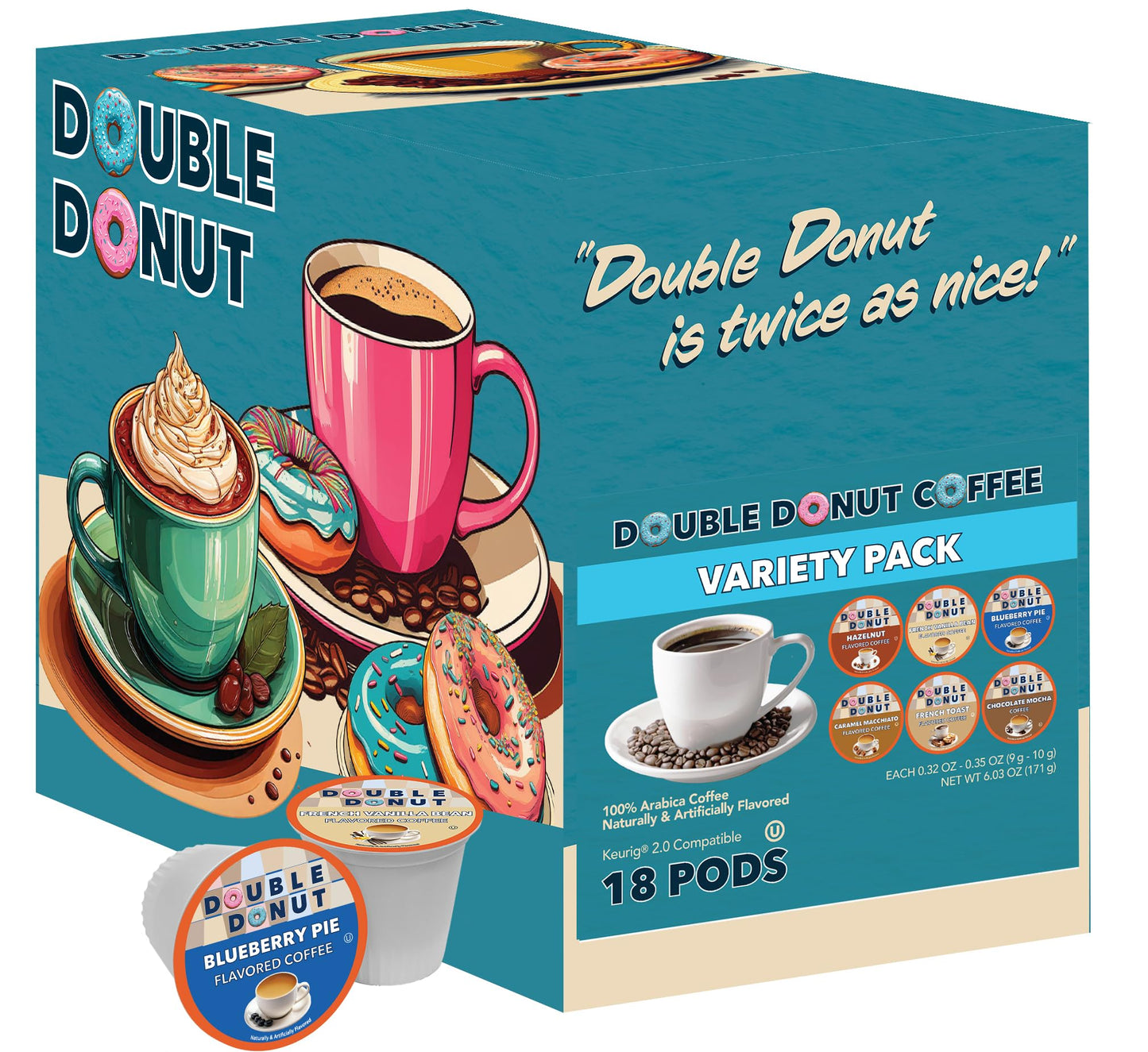Double Donut Coffee Variety Pack - Coffee Pods for Keurig - Hazelnut, Caramel, Chocolate - 18 Count