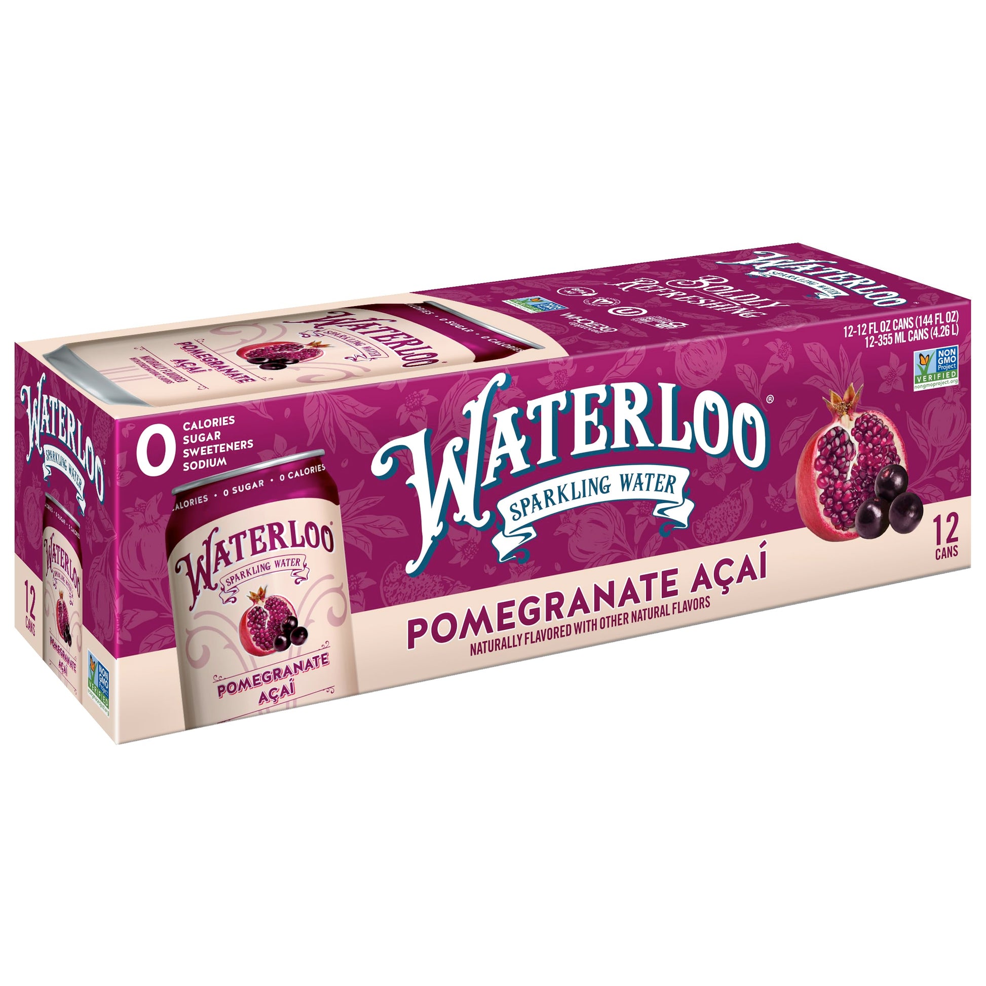 Waterloo Sparkling Water, Pomegranate Aa   Naturally Flavored, 12 Fl Oz Cans (Pack Of 12) - Zero Calories And Zero Sugar Or Swee