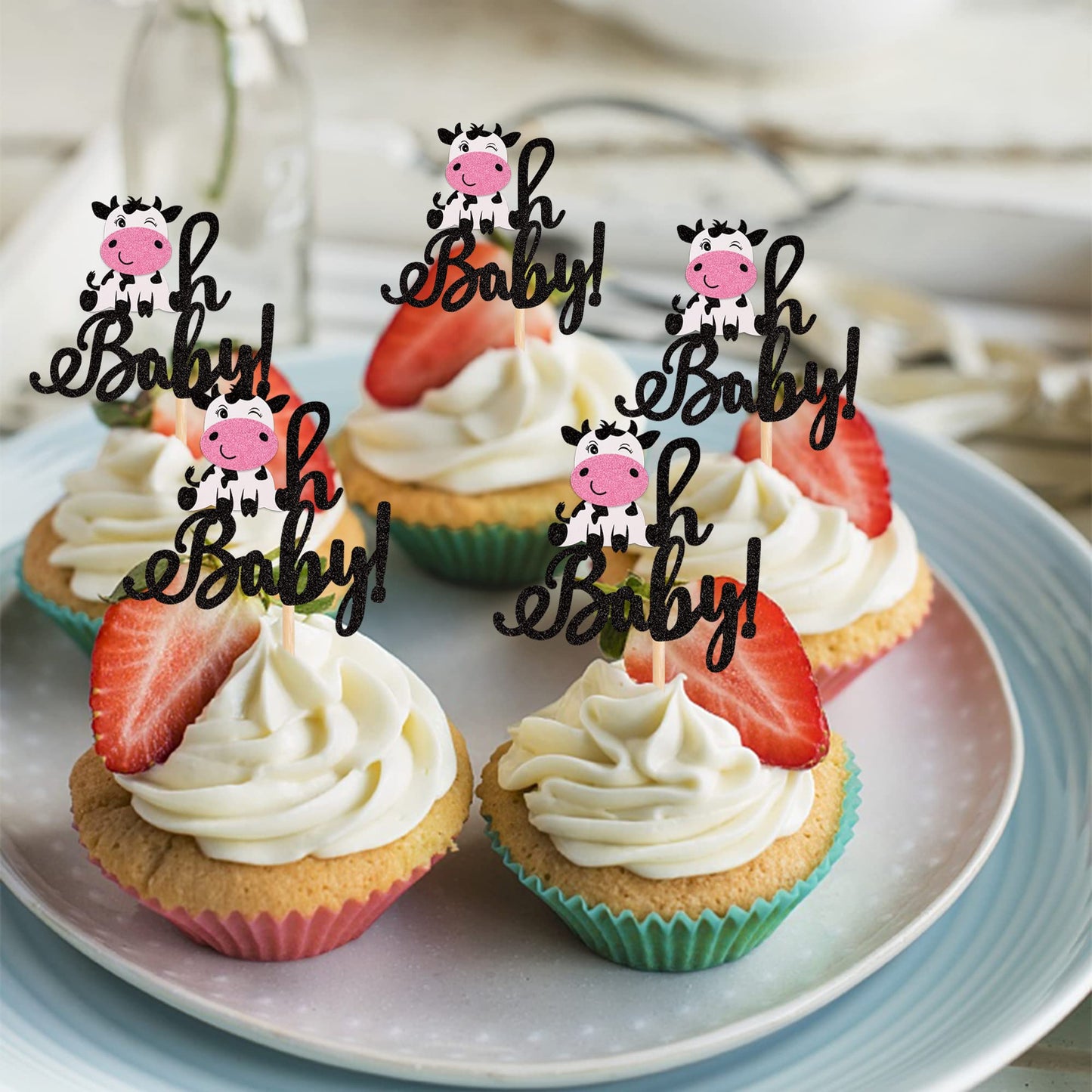 24 Pcs Cow Oh Baby Cupcake Toppers Glitter Farm Animals Oh Baby Cow Cupcake Picks Gender Reveal Theme Baby Shower Kids Boys Girl
