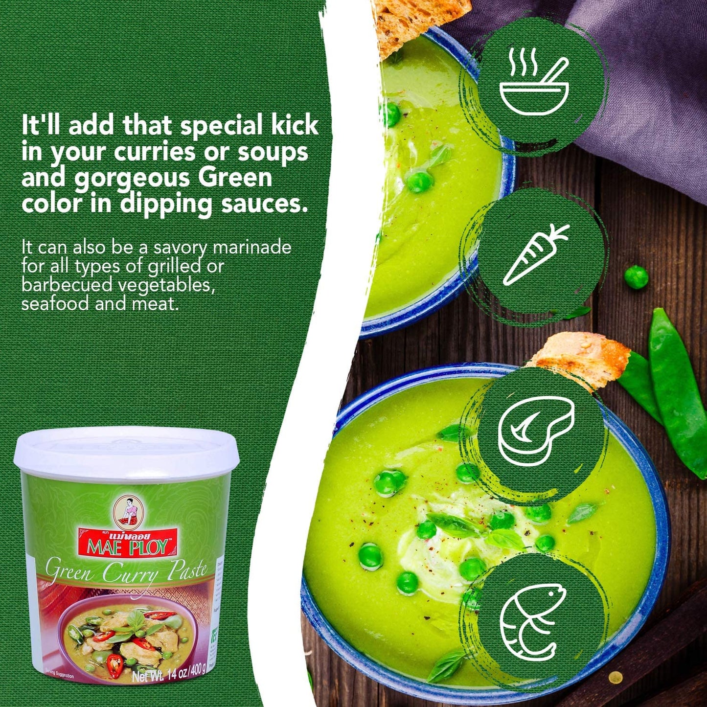 Mae Ploy Green Curry Paste, Authentic Thai Green Curry Paste For Thai Curries & Other Dishes, Aromatic Blend Of Herbs, Spices &