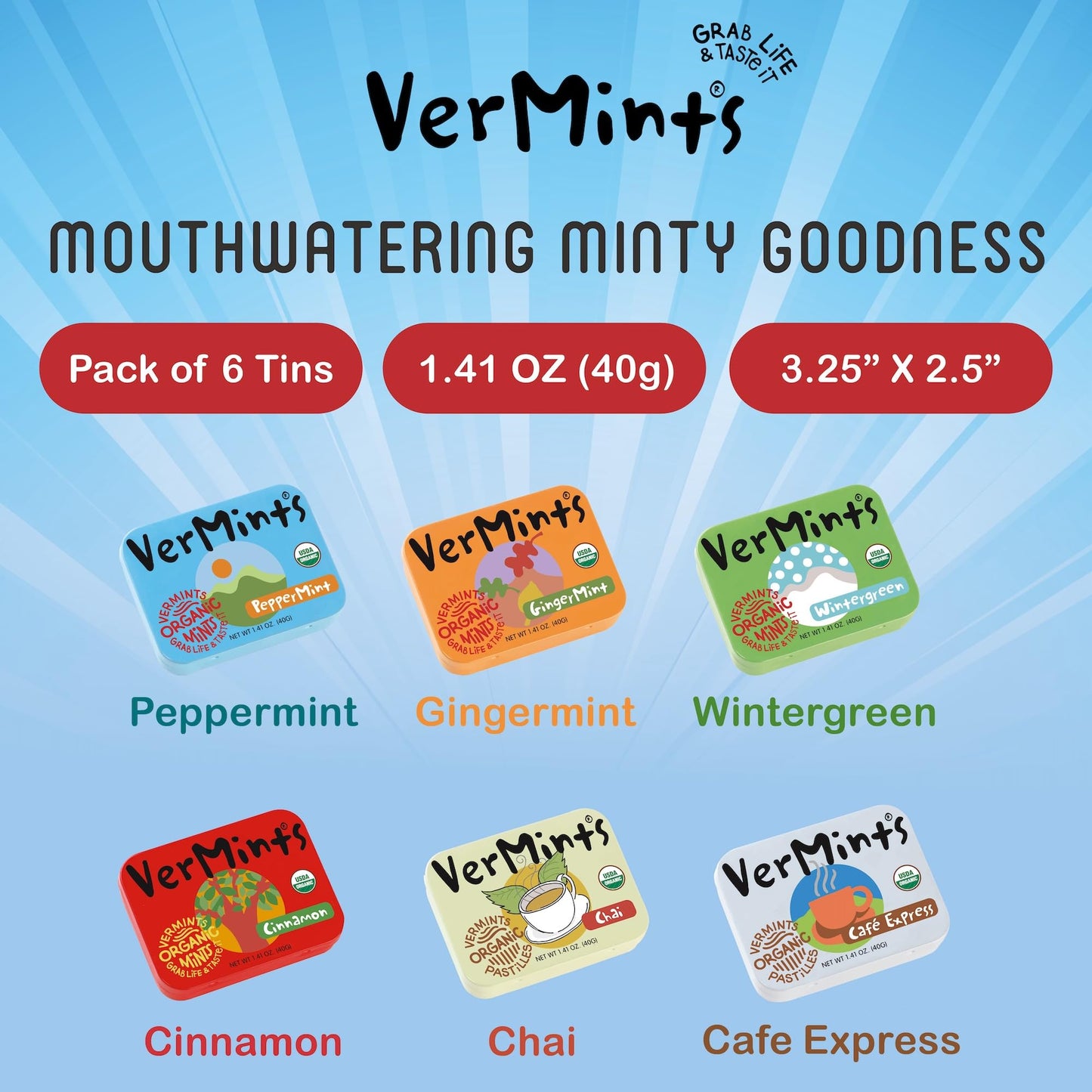 Organic Breath Mints by VerMints, Variety Pack with 6 Flavors, All Natural, Non-GMO, Nut Free, Gluten Free, Vegan, KSA Kosher, 1