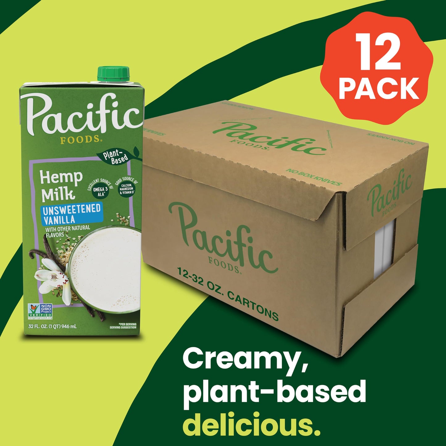 Pacific Foods Keto Friendly Unsweetened Hemp Vanilla, 32 Fl Oz (Pack of 12), All Natural, 384 Fl Oz Total