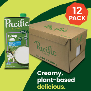 Pacific Foods Keto Friendly Unsweetened Hemp Vanilla, 32 Fl Oz (Pack of 12), All Natural, 384 Fl Oz Total