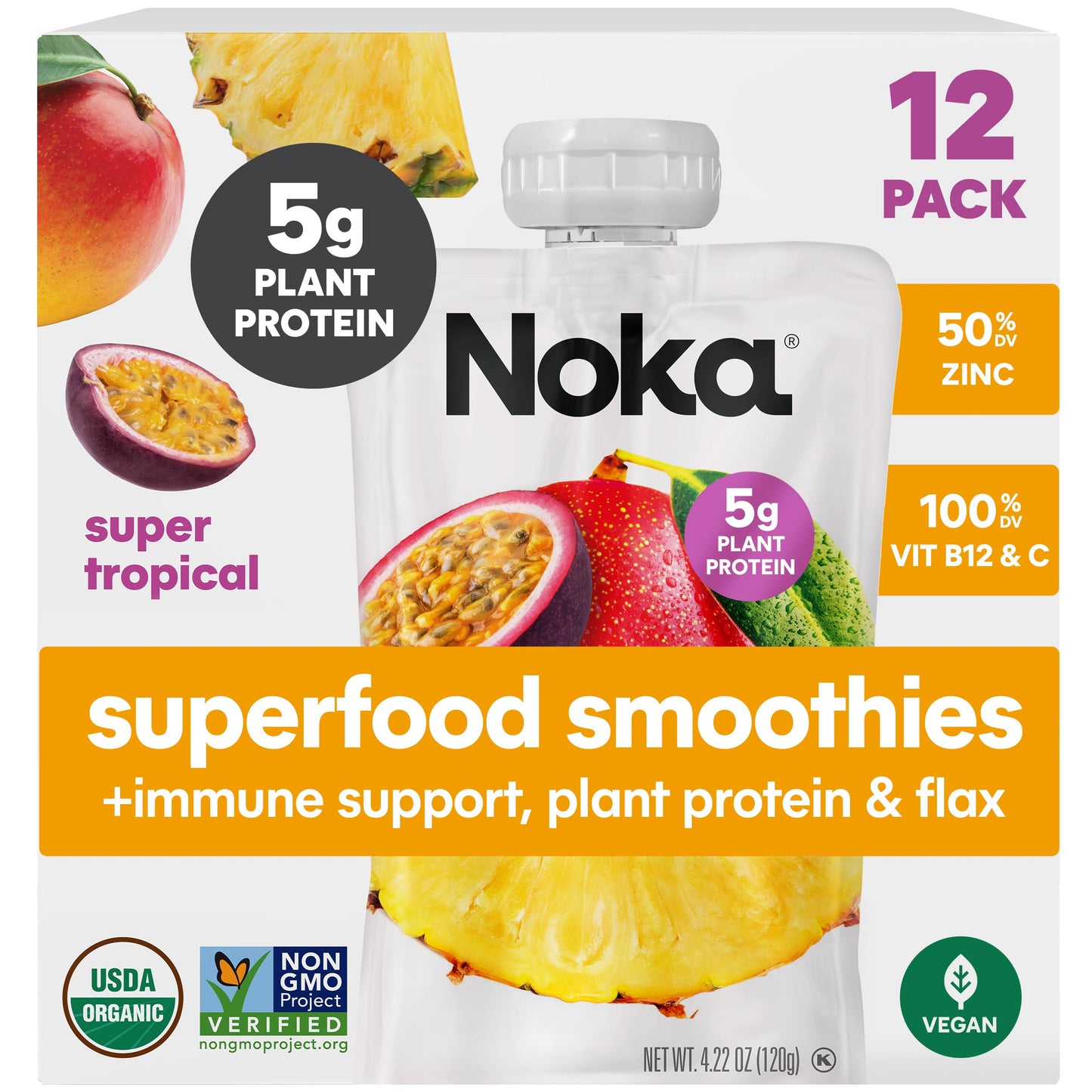 NOKA Superfood Fruit Smoothie Pouches, Vegan & Gluten Free, 4.22 oz, 12 Count, Super Tropical with Elderberry & Vitamin C