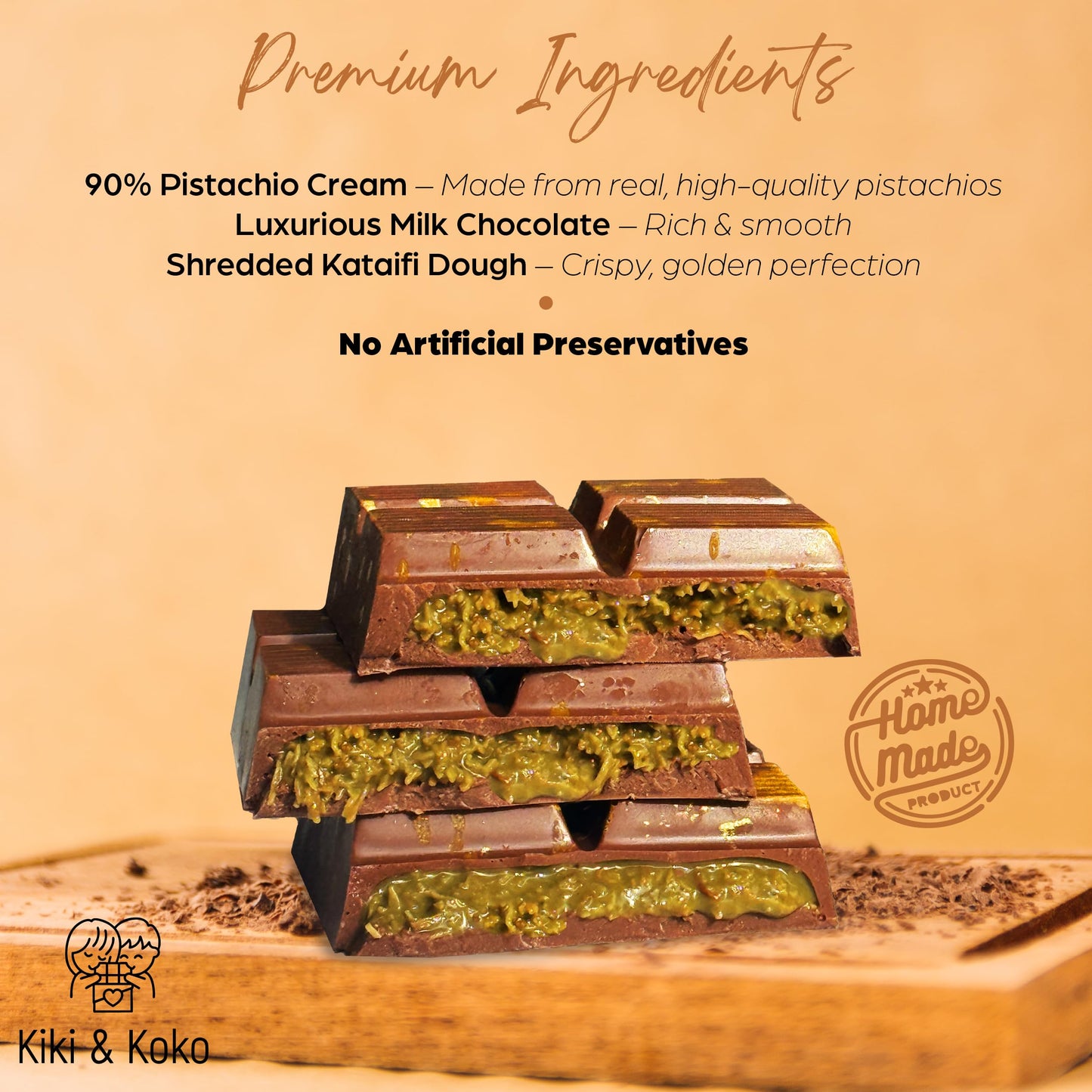 Dubai Chocolate Pistachio Bar 6.5Oz, Dubai Kunafa Pistachio Chocolate Bar,Luxurious Homemade Kunafa