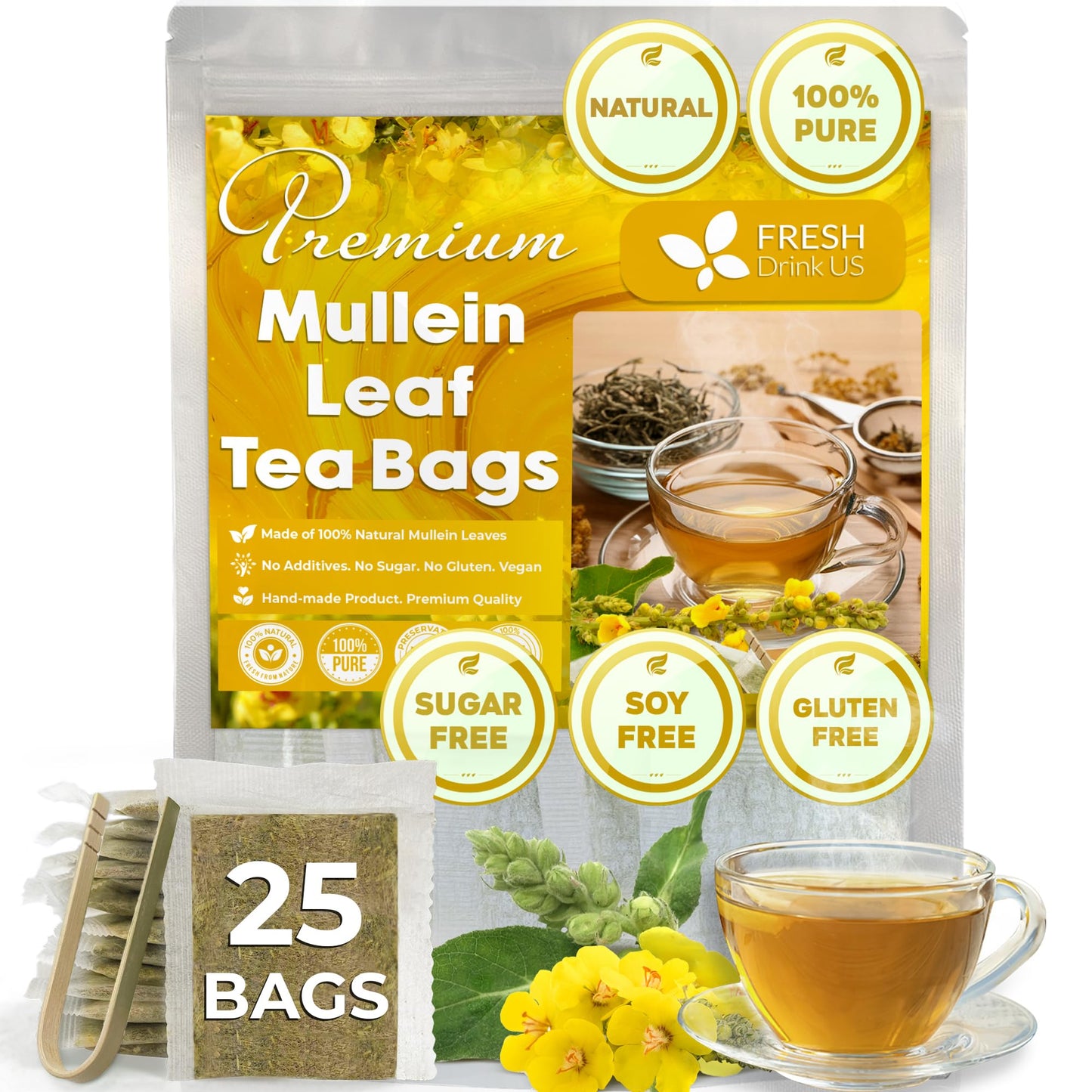 FRESHDRINKUS Mullein Leaf Tea - 100% Natural, Vegan, No Sugar, No Caffeine, 25 Special Bags