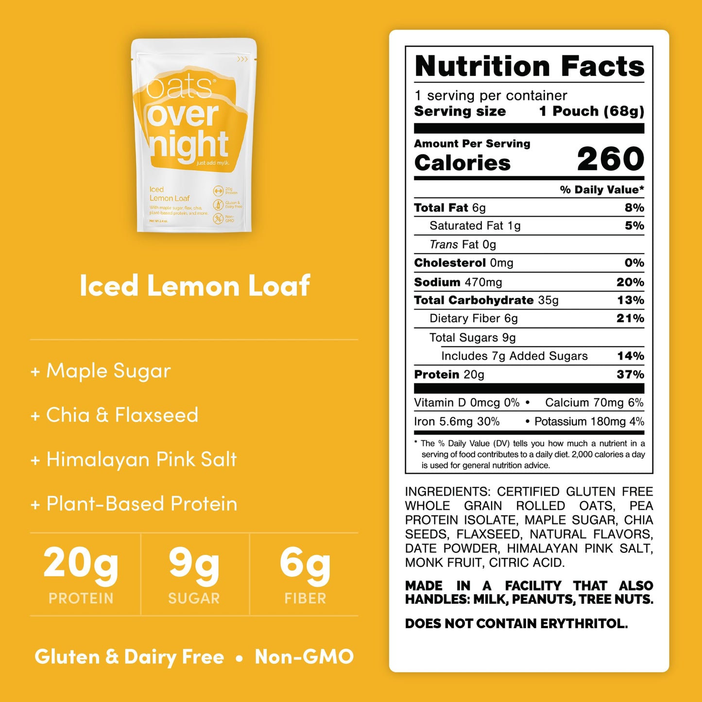 Oats Overnight Iced Lemon Loaf - Vegan Overnight Oats with 20g Protein, 2.4 oz (16 Pack) - Gluten Free, Non-GMO