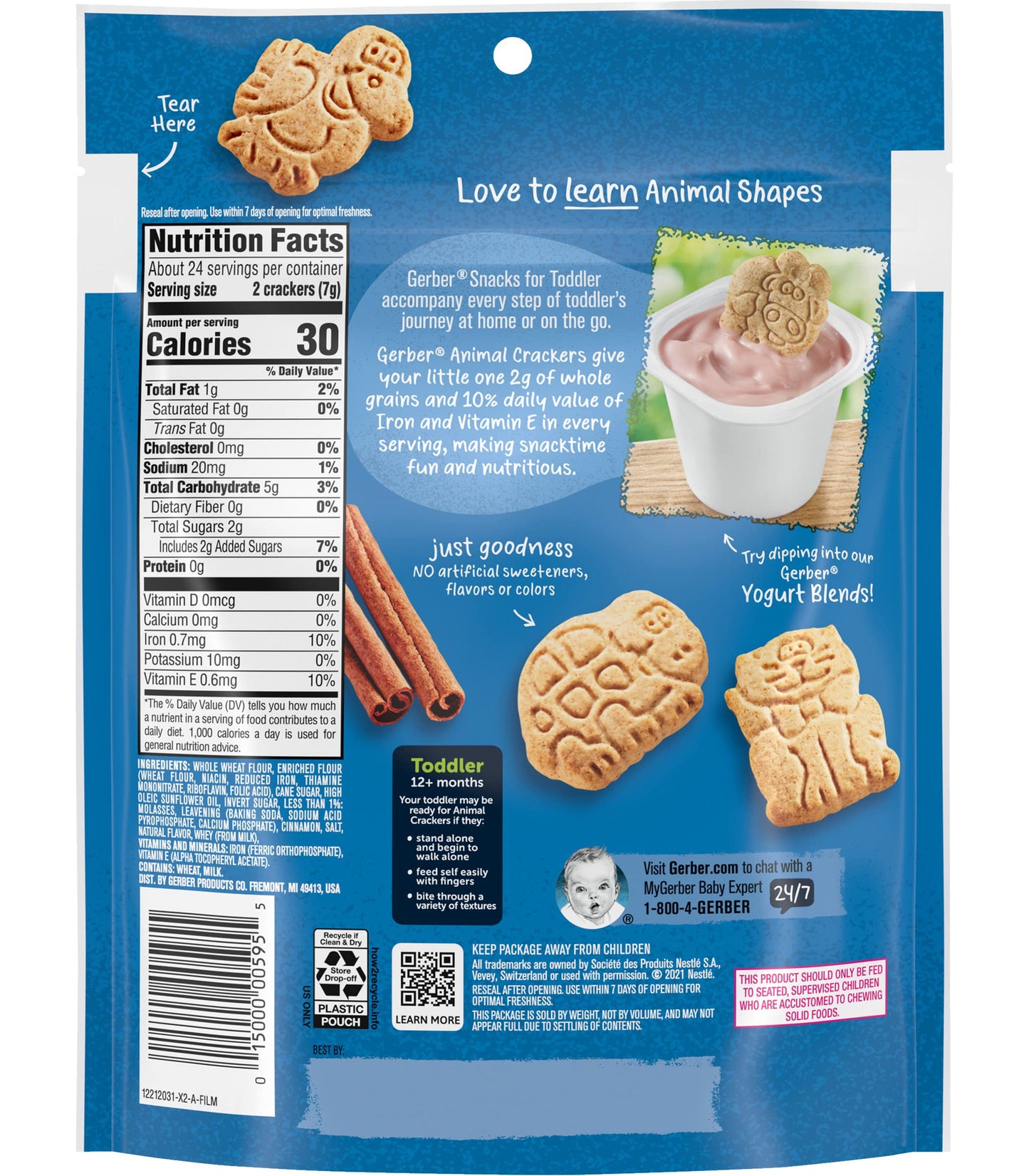 Gerber Snacks for Toddler Animal Crackers, Cinnamon Graham, Toddler Snack Baked with Whole Grains & Non-GMO Ingredients, 6 Ounce