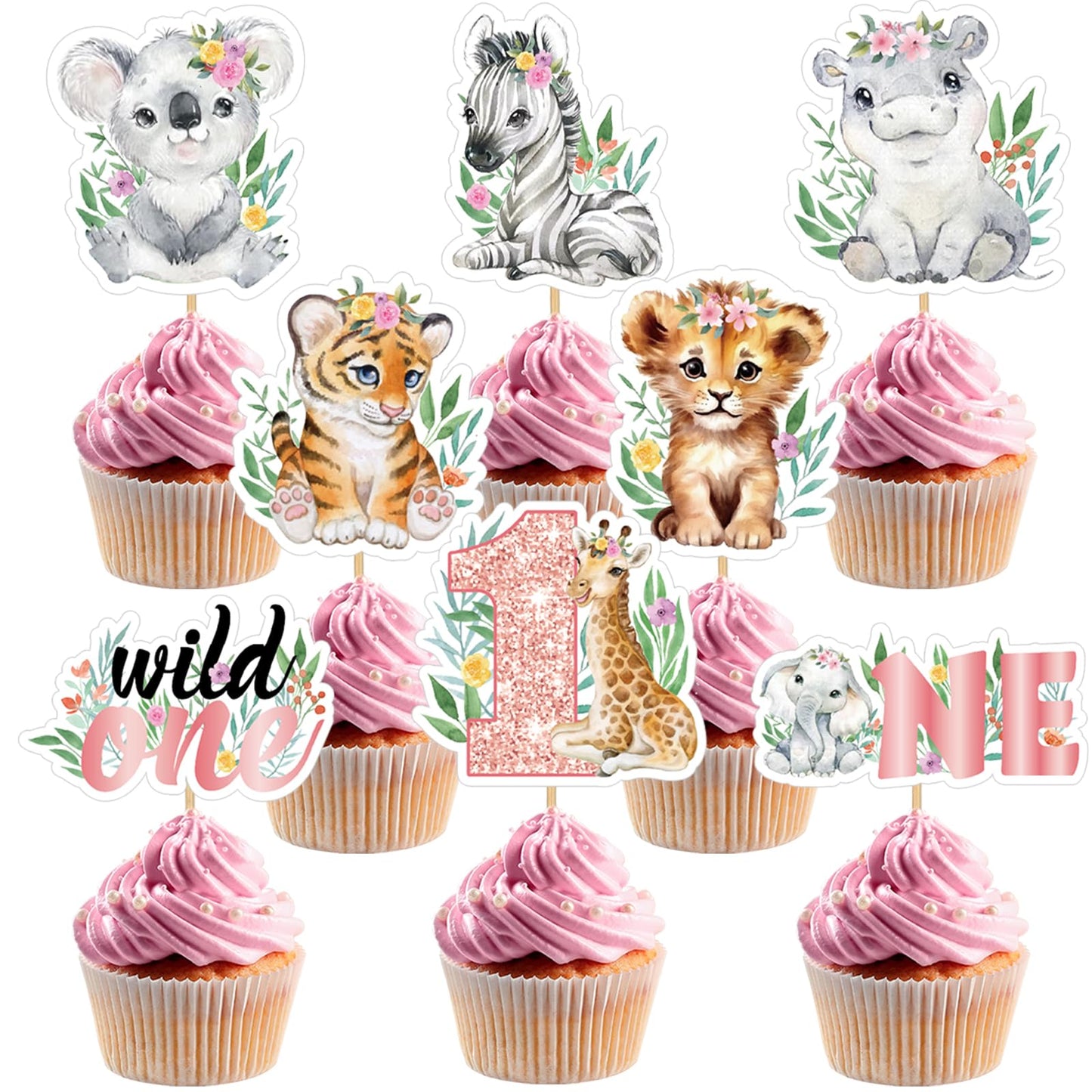 Weecent 48 Pcs Wild One Cupcake Toppers One Cake Topper 1St Birthday Girl Wild One Birthday Decorations Girl Jungle Safari Theme