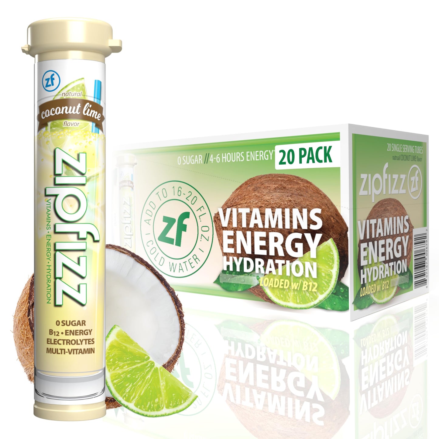 Zipfizz Daily Energy Drink Powder  Coconut Lime  20 Pack | 3-In-1 Sustained Energy  Rapid Hydration  And Essential Vitamins | Sugar-Free | Electrolyte Powder | Contains Vitamin B-12 & Antioxidants