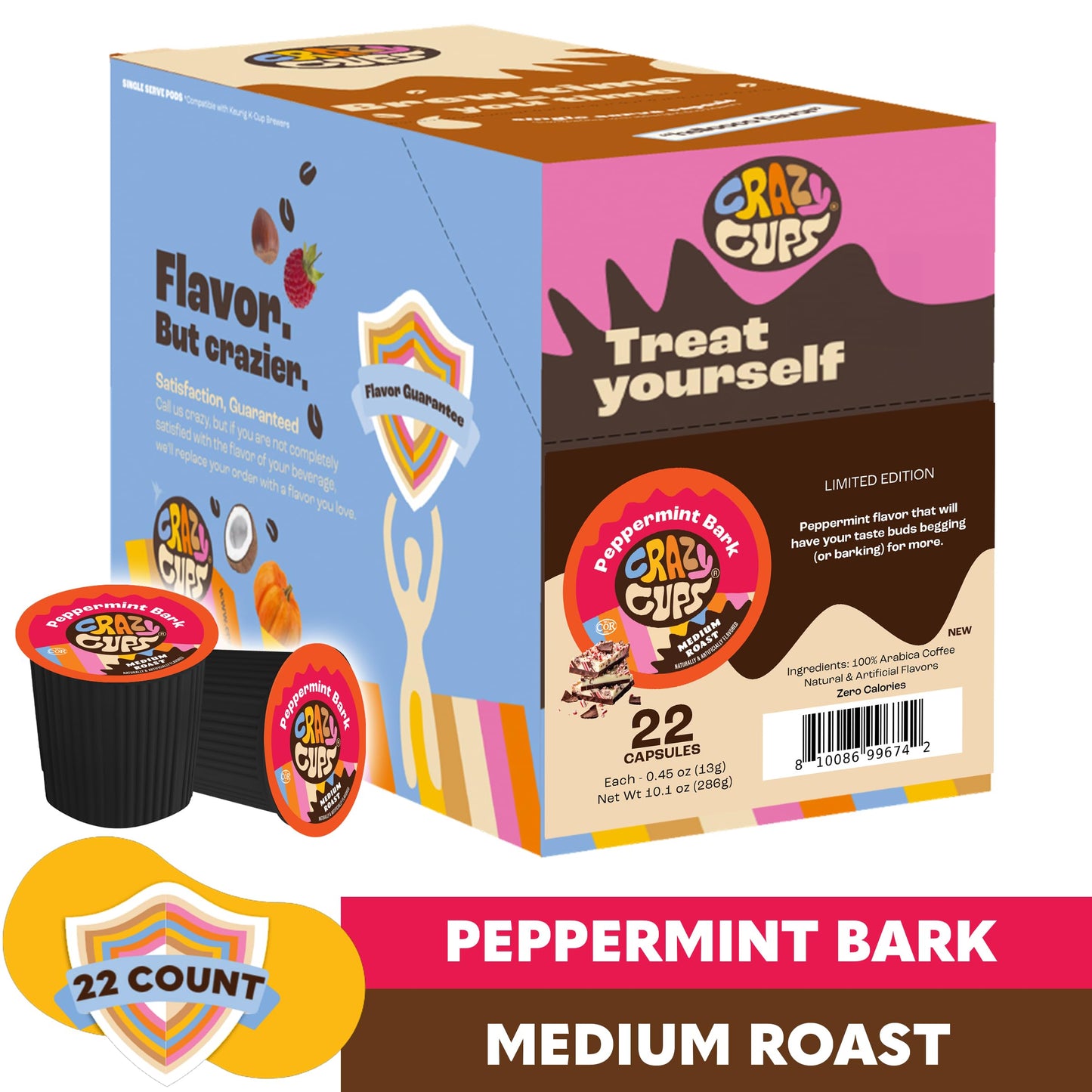 Crazy Cups Peppermint Bark Flavored Coffee Pods, Medium Roast, 22 Count, Compatible with Keurig K-Cup Machines