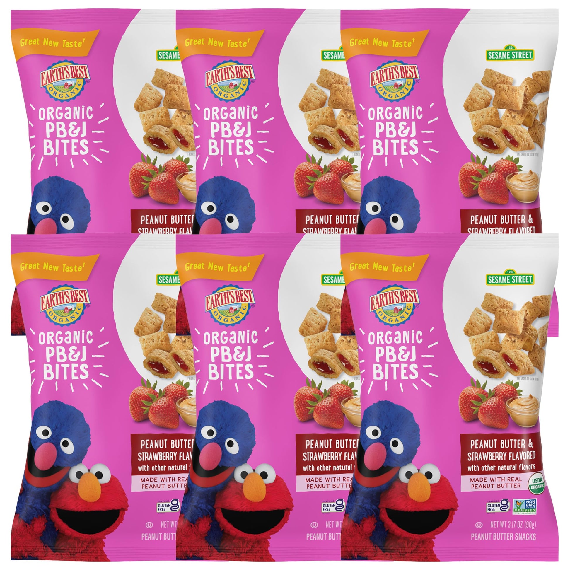 Earths Best Organic Kids Snacks, Sesame Street Toddler Snacks, Organic Pb&J Bites For Toddlers 2 Years And Older, Peanut Butter And Strawberry Flavored With Other Natural Flavors, 3.17 Oz (Pack Of 6)