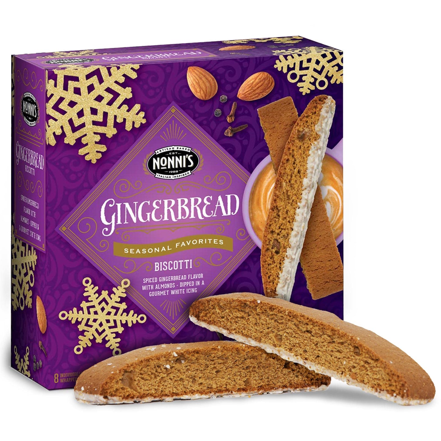 Nonnis Gingerbread Biscotti Holiday Cookies - Gingerbread Cookies - Gingerbread Christmas Cookies w/Almonds & White Icing - Bis