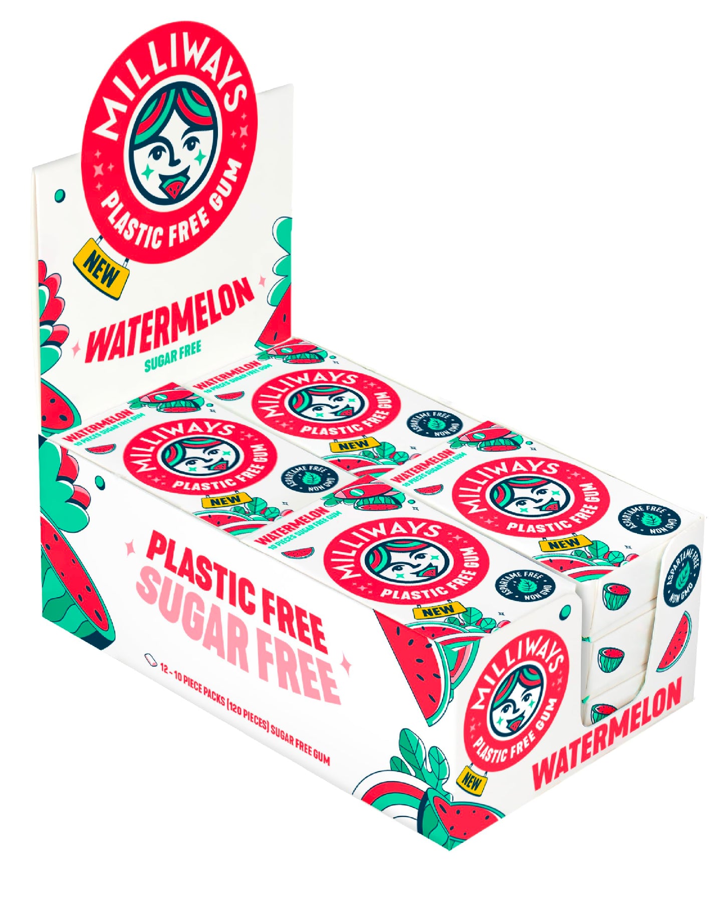 Milliways Watermelon | Plastic Free Gum | Xylitol, Aspartame-Free, Sugar-Free, Plant-Based, Natural Chewing Gum | 40 Pieces Tota